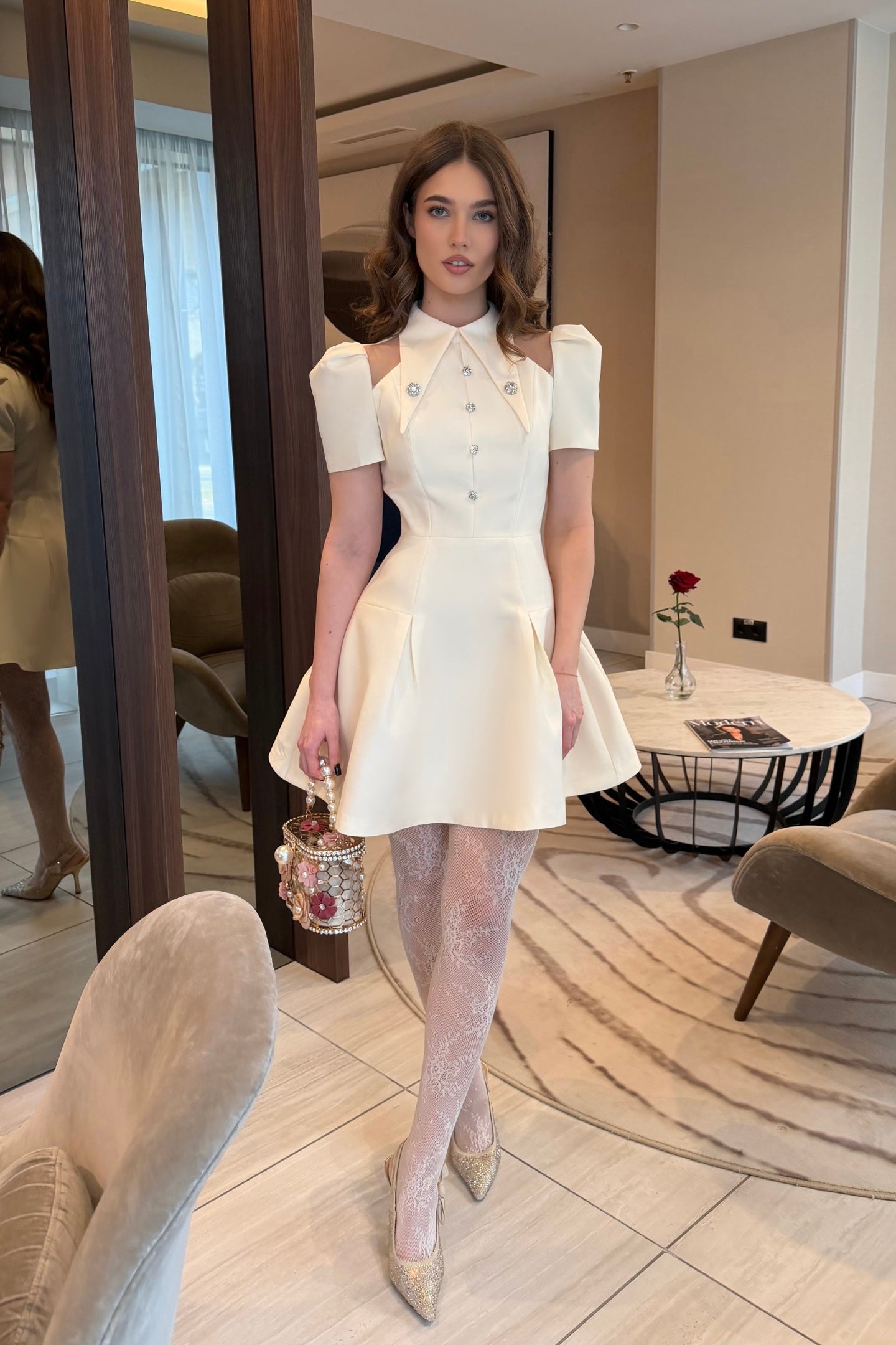 Puff Sleeve Mini Dress With Pointed Collar And Crystal Button Front - Ivoire - ICYBOO