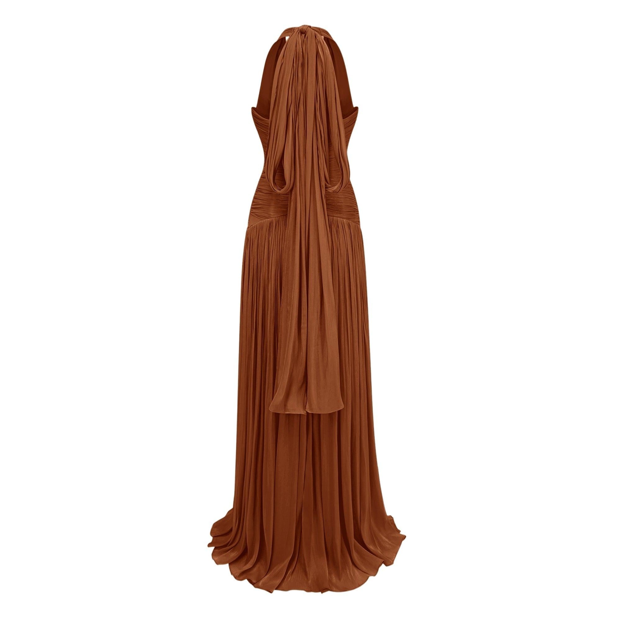 Verdelune Halter Pleated Slit Maxi Dress