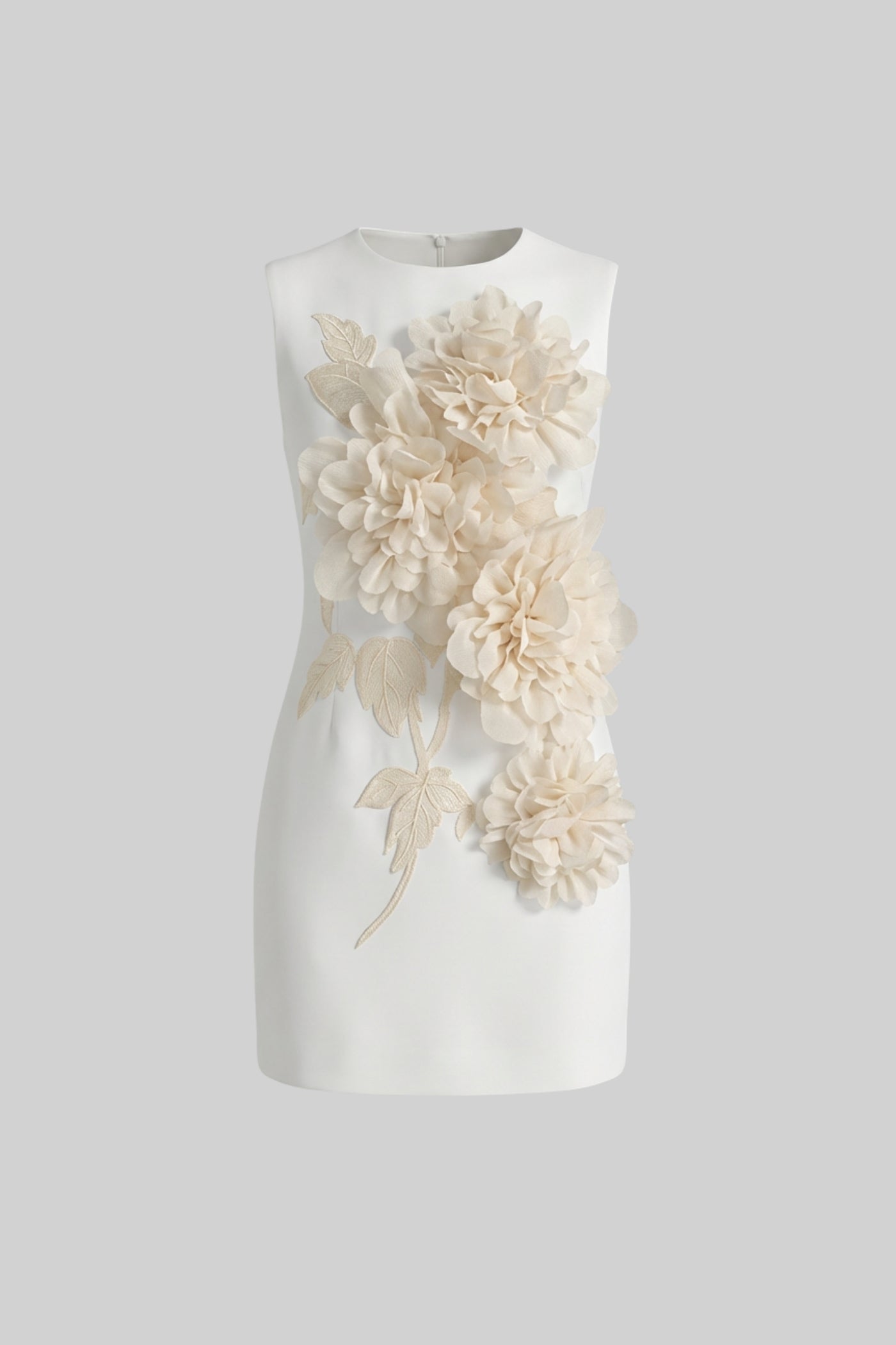Sleeveless Mini Dress With Round Neckline And 3D Floral Appliqué - White - ICYBOO