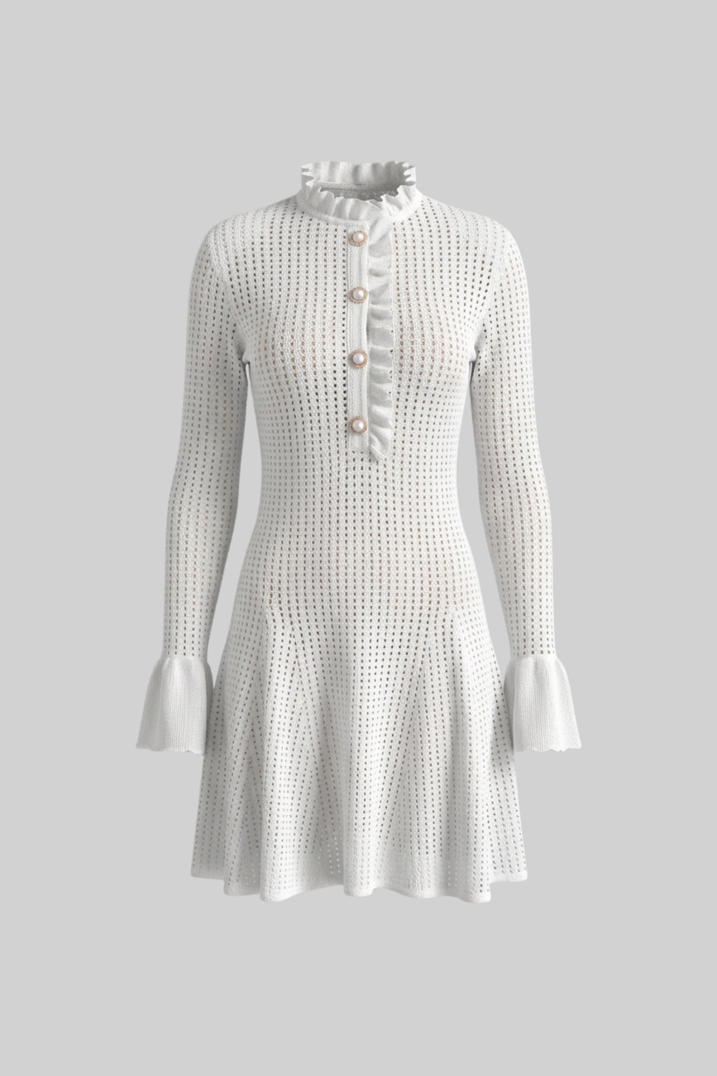Open-Knit Mini Dress With Ruffle High Neck And Pearl Button Placket - White - ICYBOO