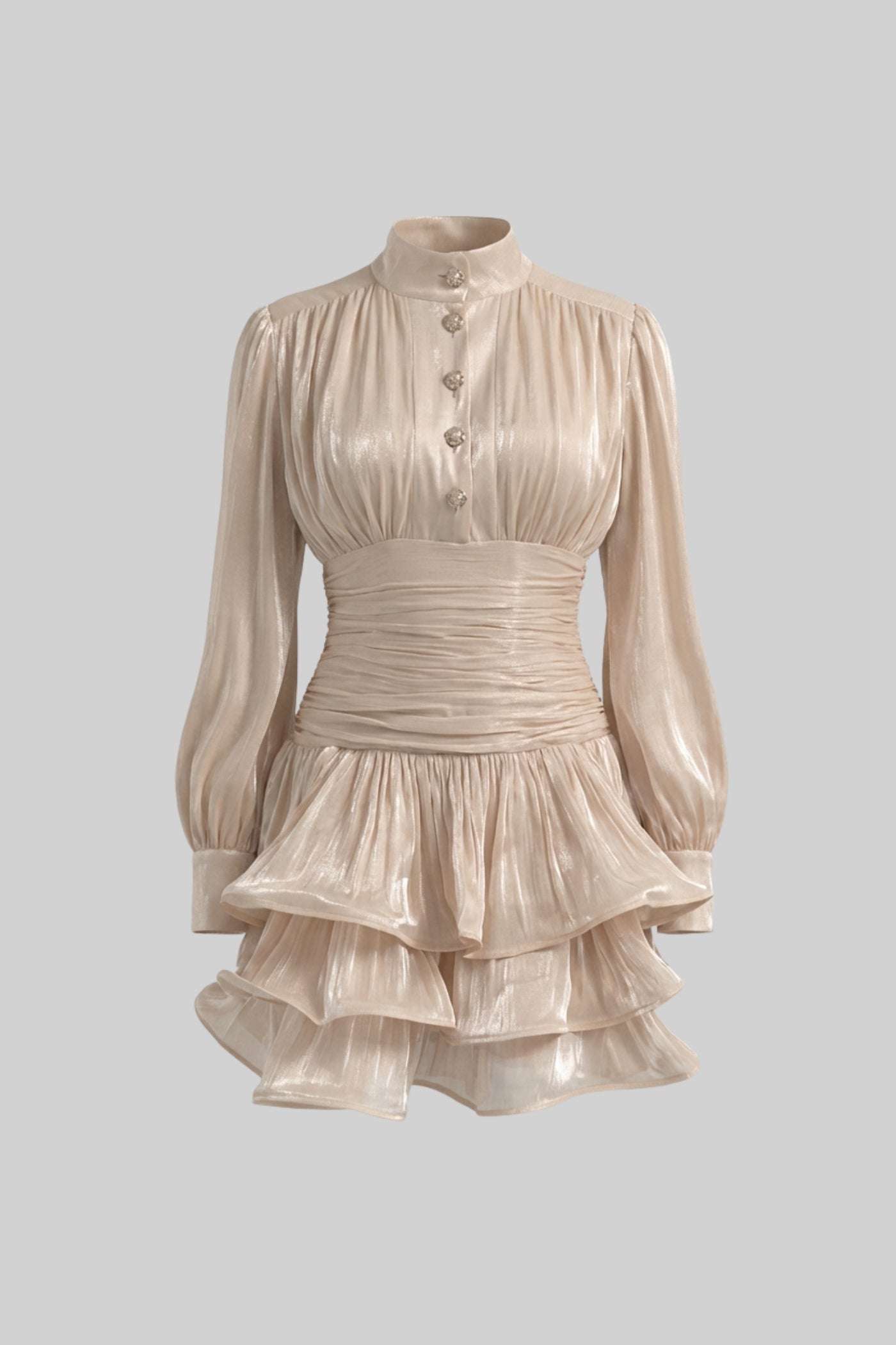 Draped Long Sleeve Mini Dress With Tiered Ruffle Skirt - Champagne - ICYBOO