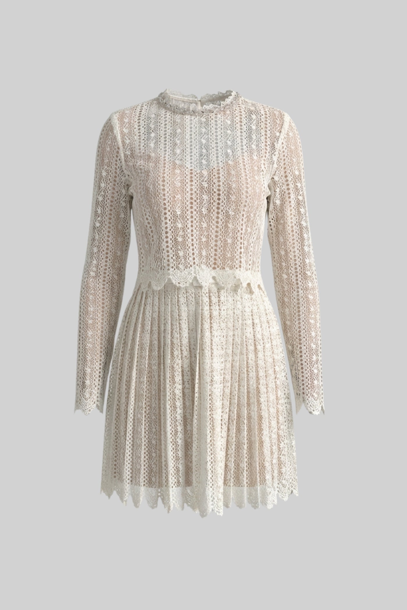 Lace Mini Dress With High Neckline And Pleated Skirt - Ivoire - ICYBOO