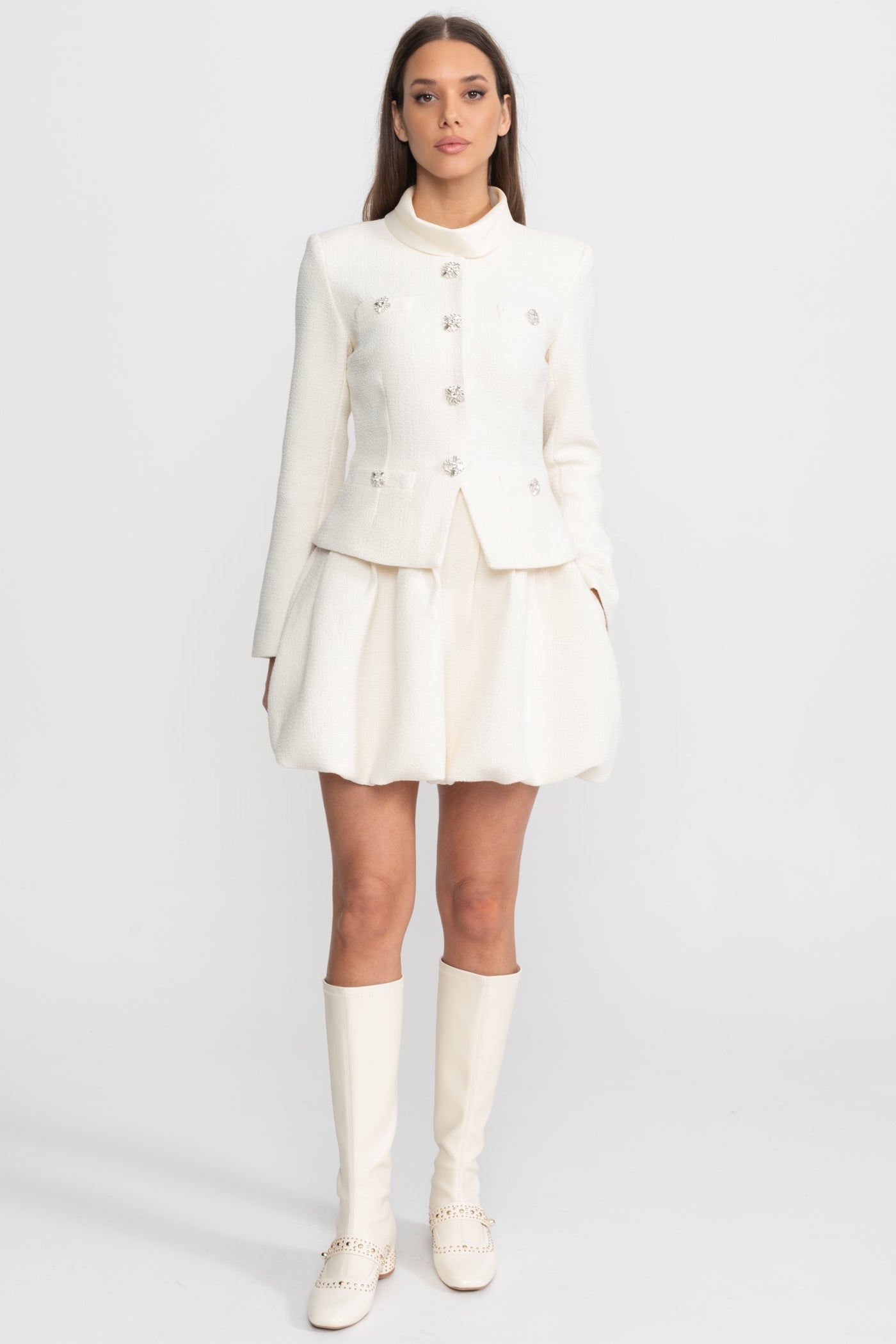 Textured Mini Dress with Crystal Button Embellishments – Ivoire - ICYBOO