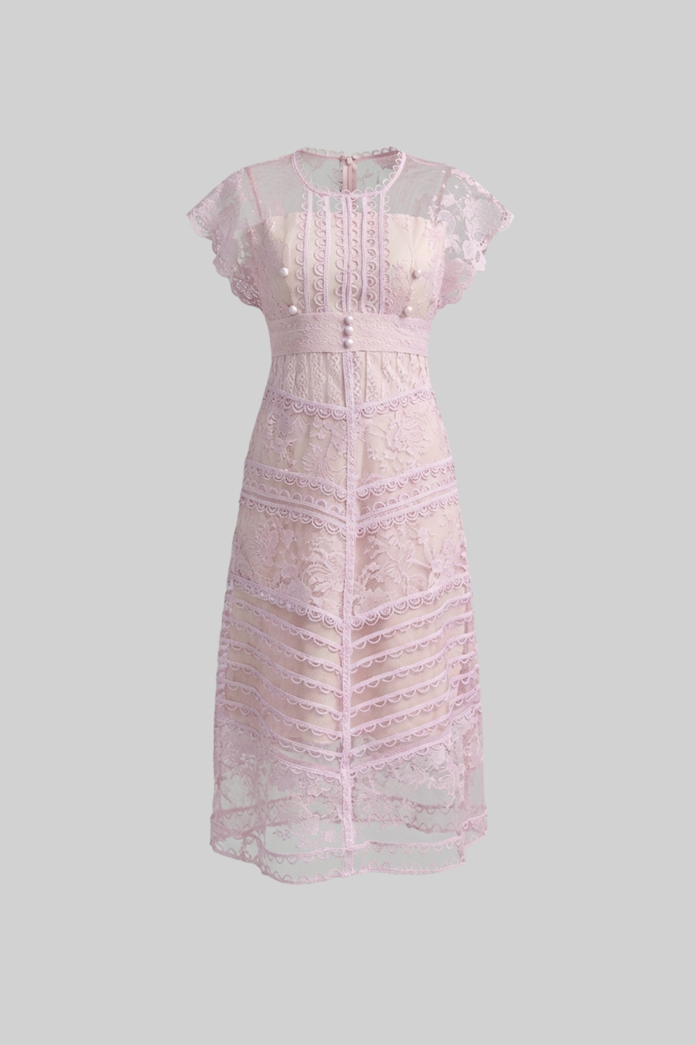 Lace Cap Sleeve Midi Dress With Scalloped Trims And Pearl Button Detail - Lilac - ICYBOO