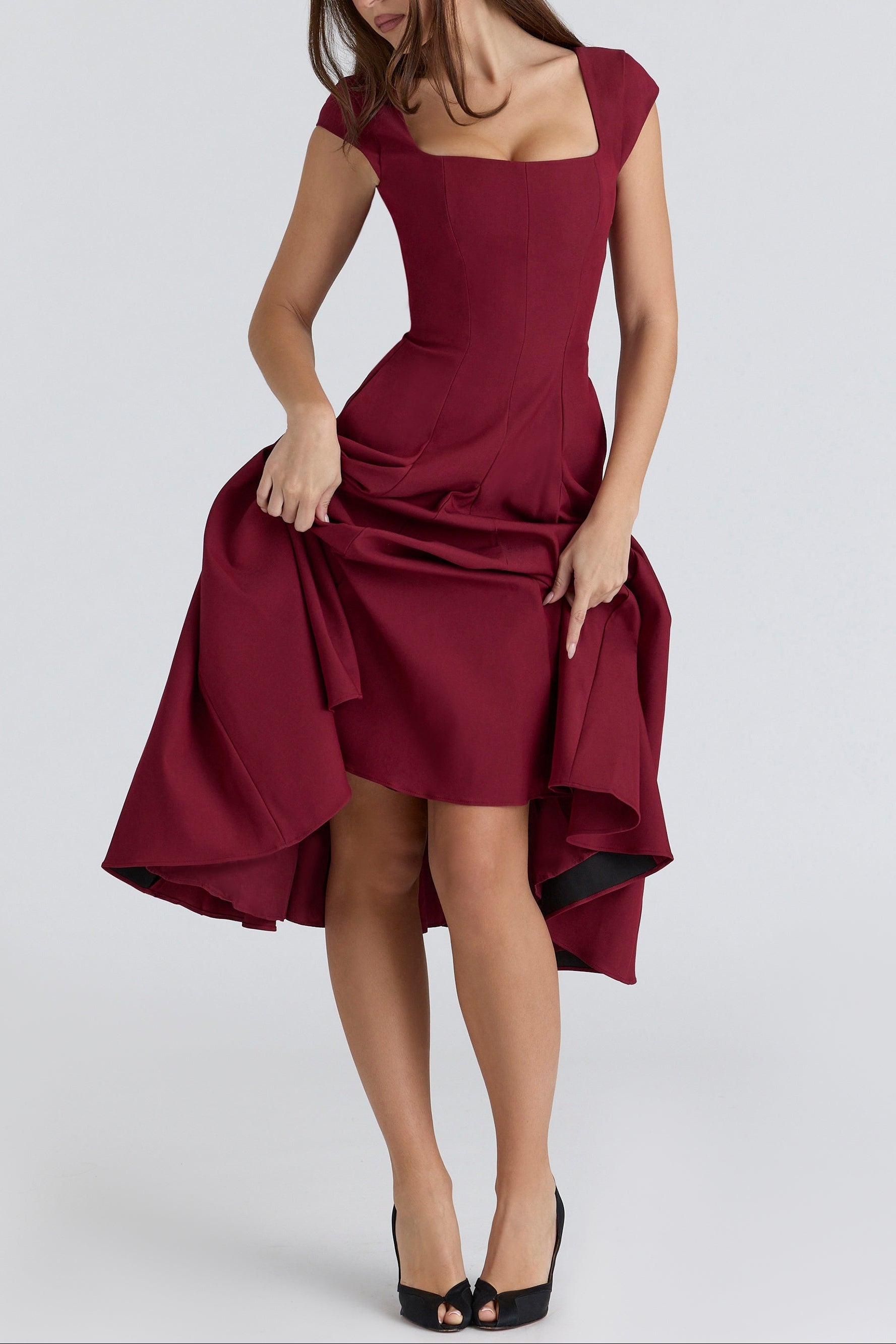 Elise Cap Sleeve Midi Dress in Maroon - ICYBOO