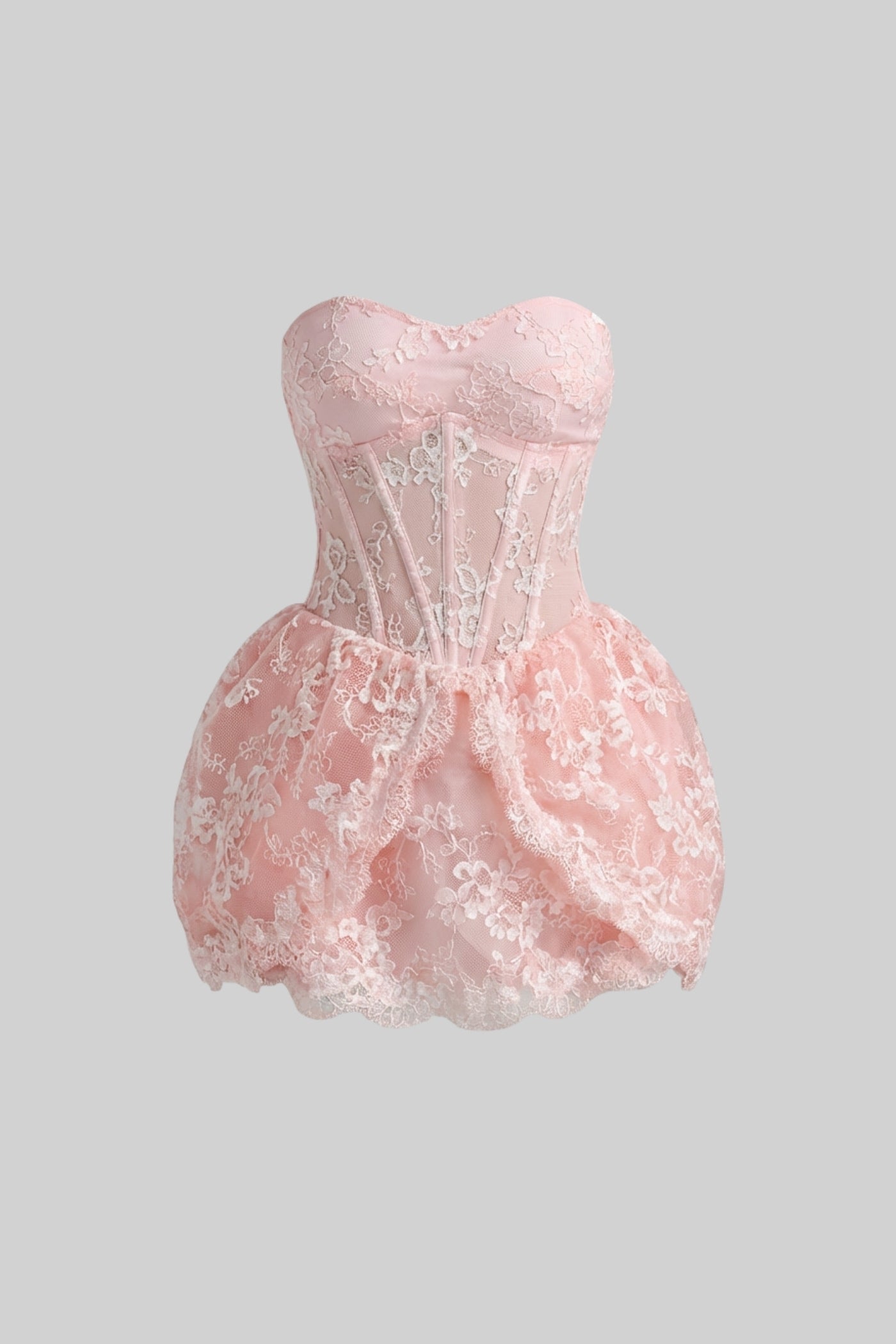 Strapless Lace Mini Dress With Corset Bodice And Bubble Hem Skirt - Blush Pink - ICYBOO
