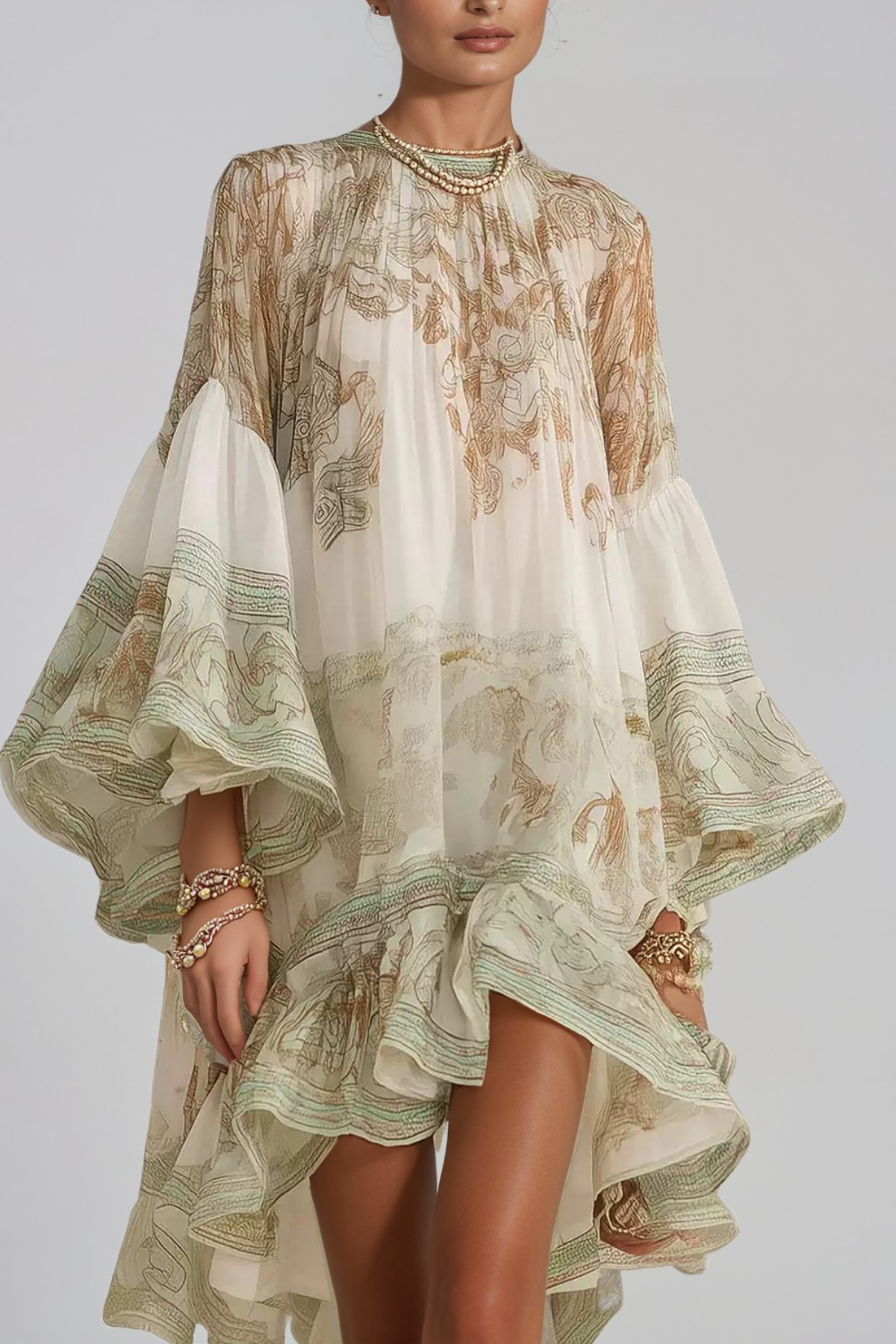 Hermokrates Bell Sleeve Ruffle Mini Party Dress - Print