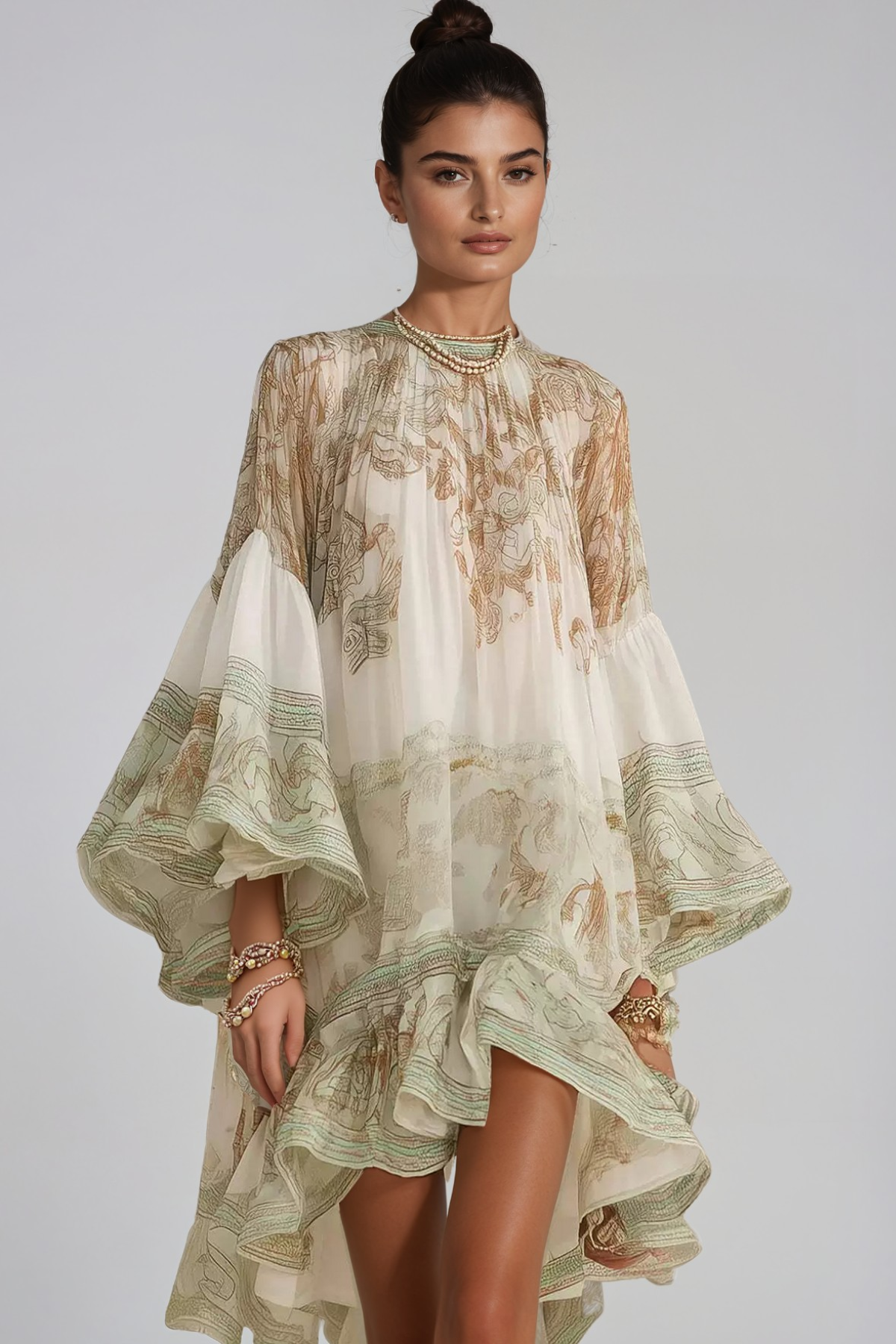 Hermokrates Bell Sleeve Ruffle Mini Party Dress - Print