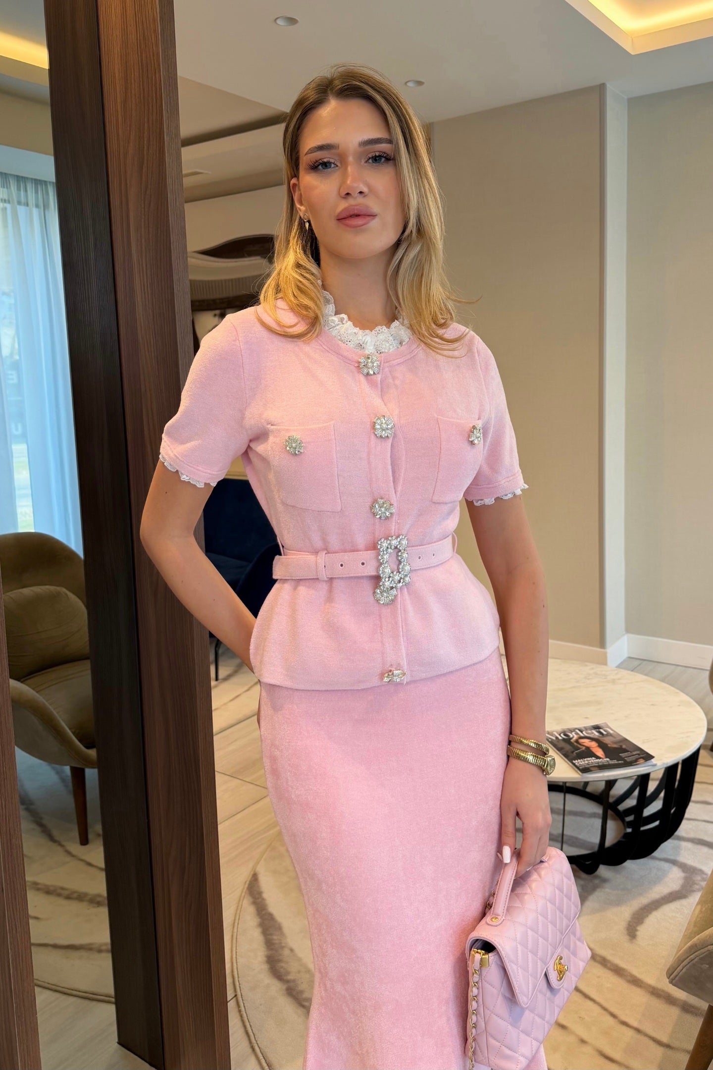 Short Sleeve Co-Ord With Peplum Waist And Crystal Button Belt - Blush Pink - ICYBOO