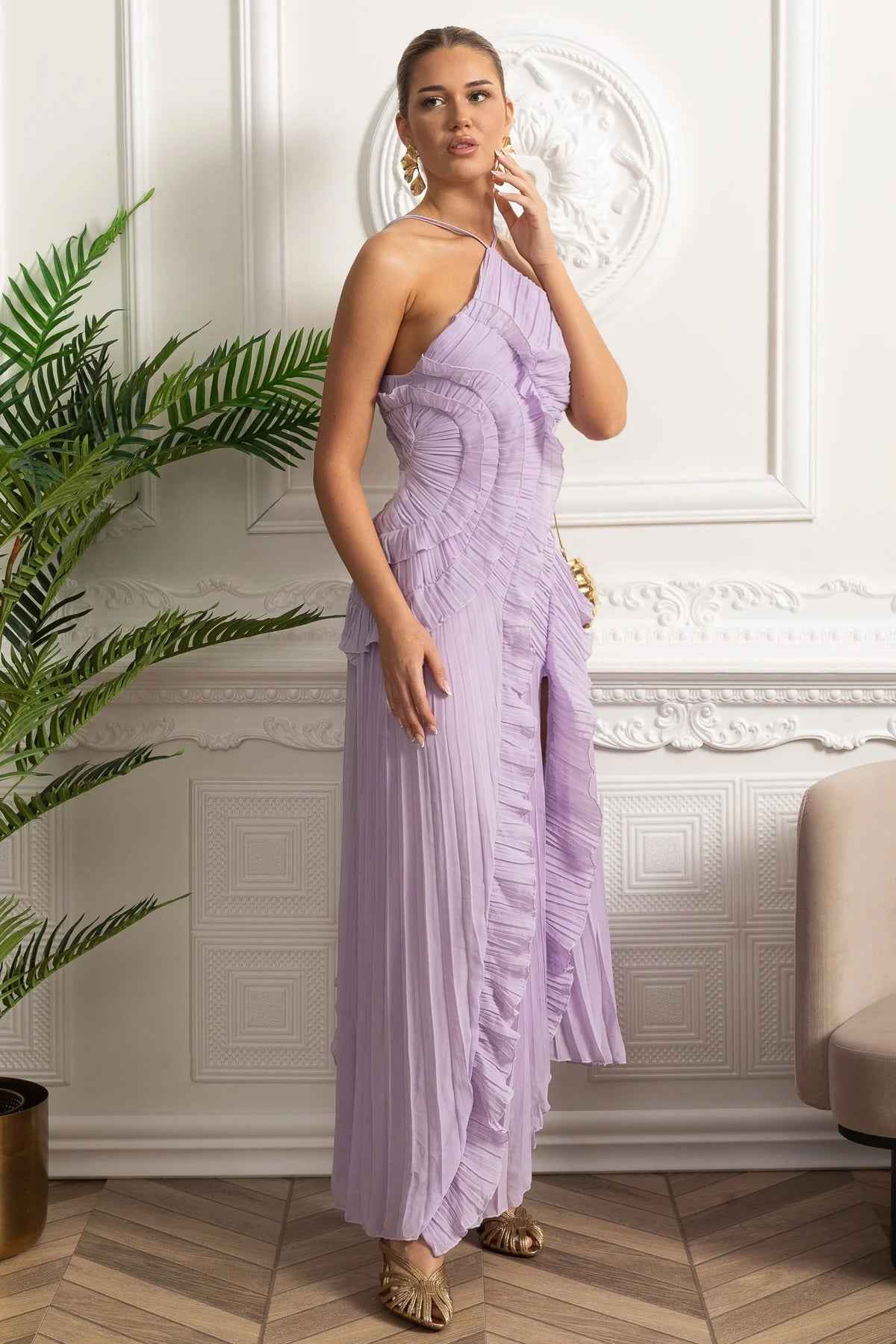 Lavender Pleated | PLEATED HALTER MIDI COCKTAIL PARTY DRESS