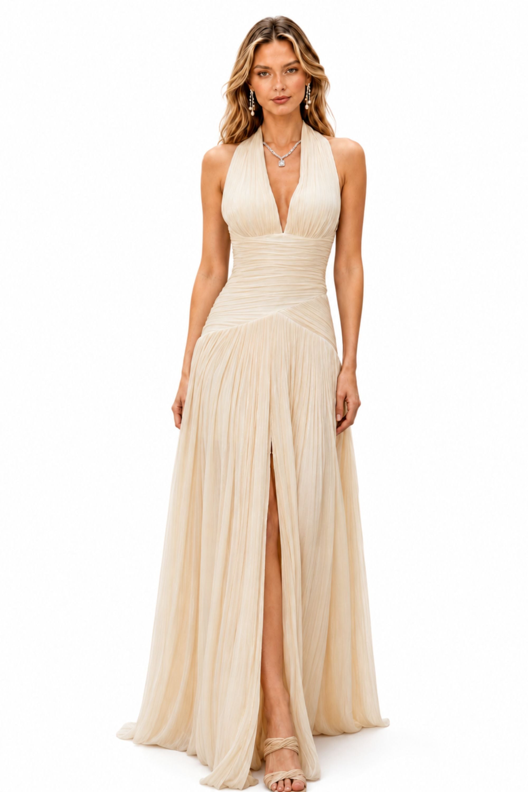 Verdelune Halter Pleated Slit Maxi Dress