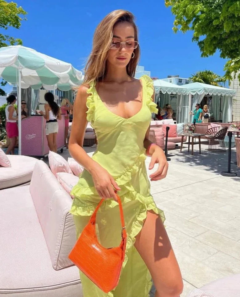 Pixie lime ruffle maxi dress - ICYBOO
