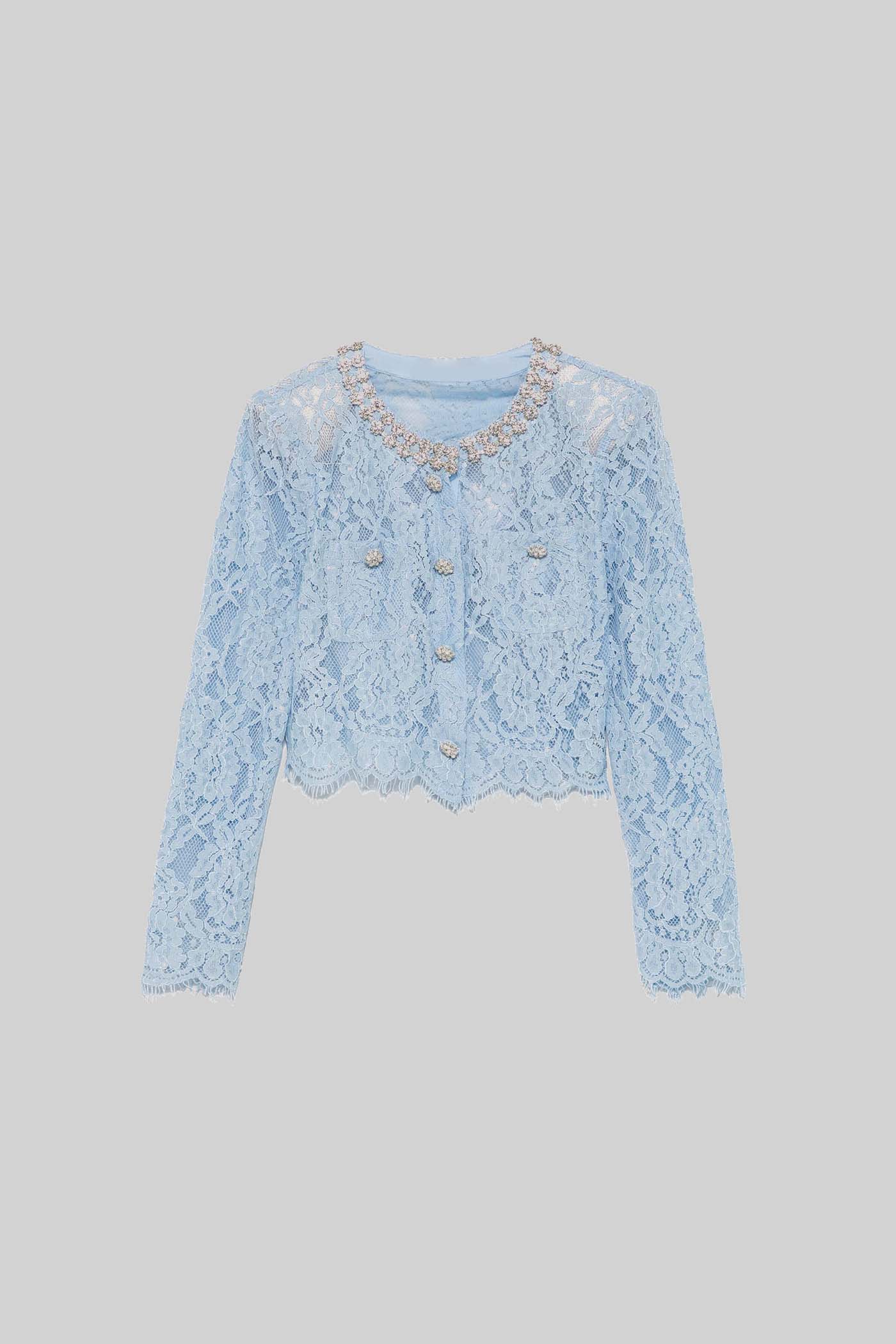 Lace Co-Ord With Sparkling Neckline Embellishments And Midi Skirt - Blue - ICYBOO