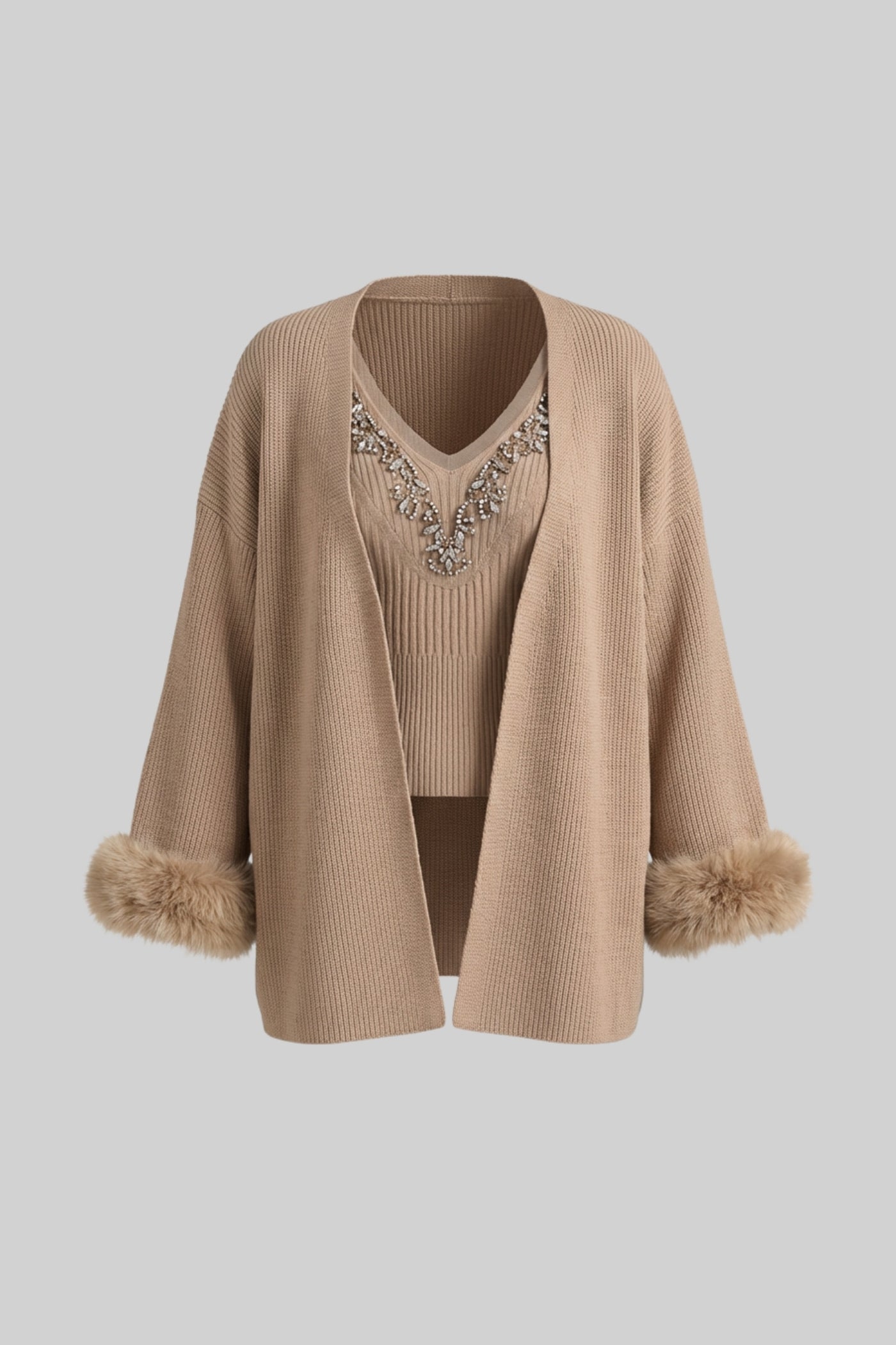 Knit Two Piece Set With Crystal Embellishments And Trim Cuffs - Beige - ICYBOO