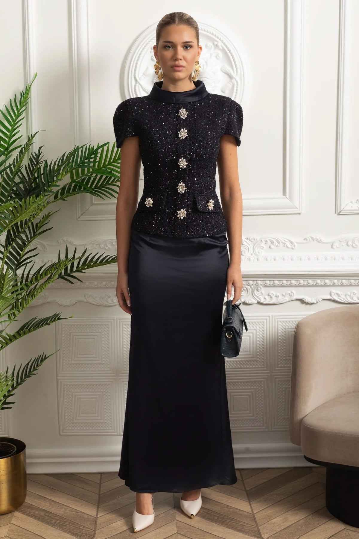 Navy Co-Ord | EMBELLISHED SATIN MAXI FORMAL EVENING DRESS