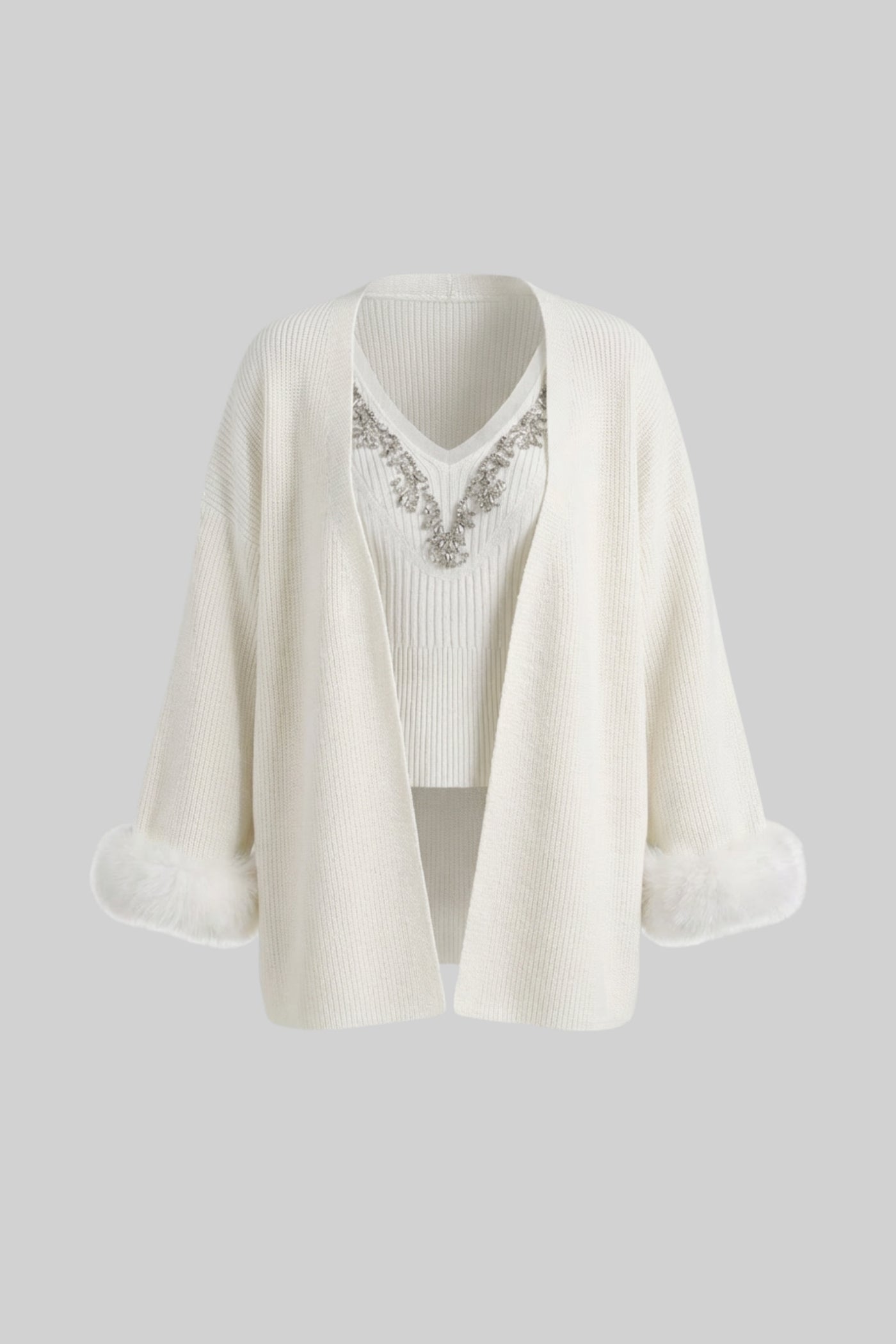 Knit Two Piece Set With Crystal Embellishments And Trim Cuffs - White - ICYBOO