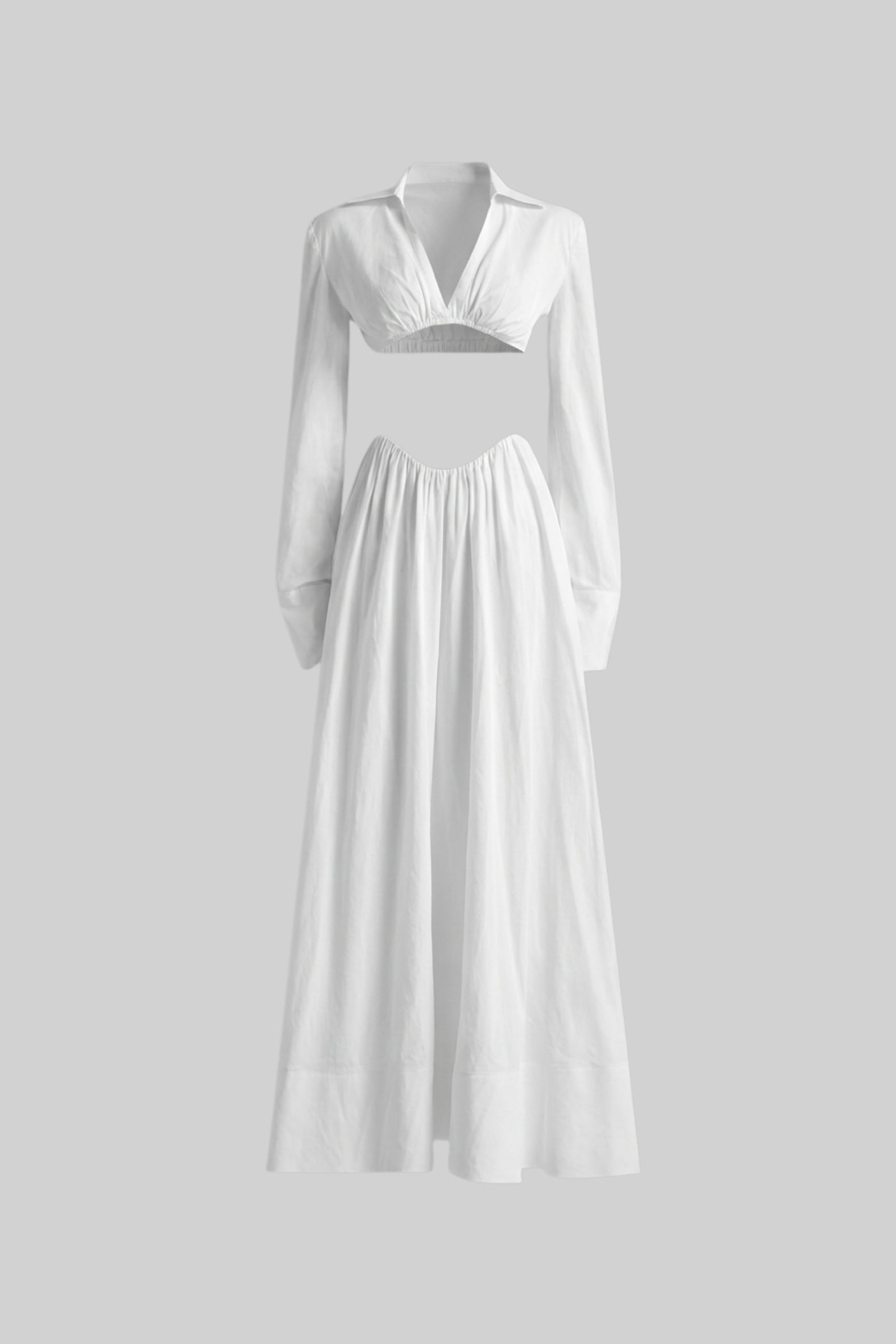 Long Sleeve Co-Ord Set With Cropped Underbust Top - White - ICYBOO