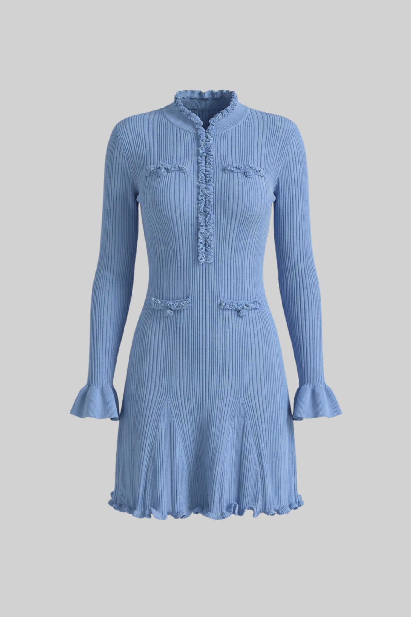 Ribbed Knit Mini Dress With Beaded Trim Detailing - Blue - ICYBOO