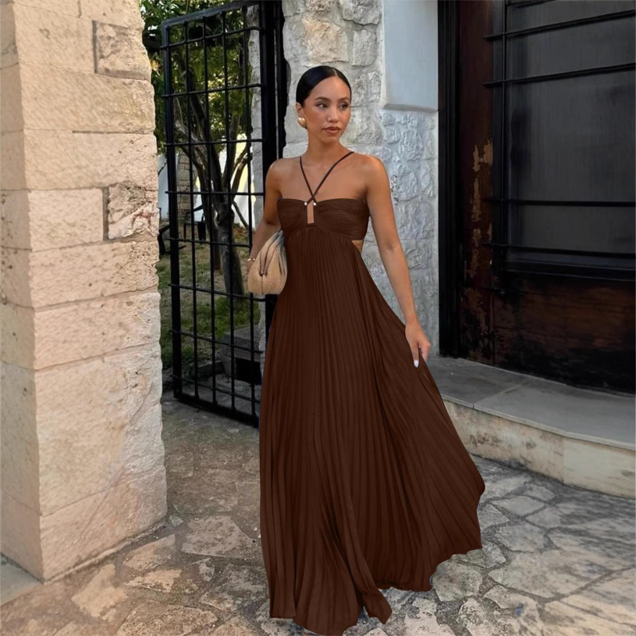 Pleated Sleeveless Maxi Evening Party Dress - ICYBOO