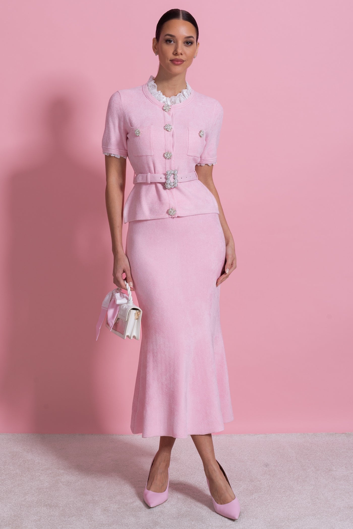 Short Sleeve Co-Ord With Peplum Waist And Crystal Button Belt - Blush Pink - ICYBOO