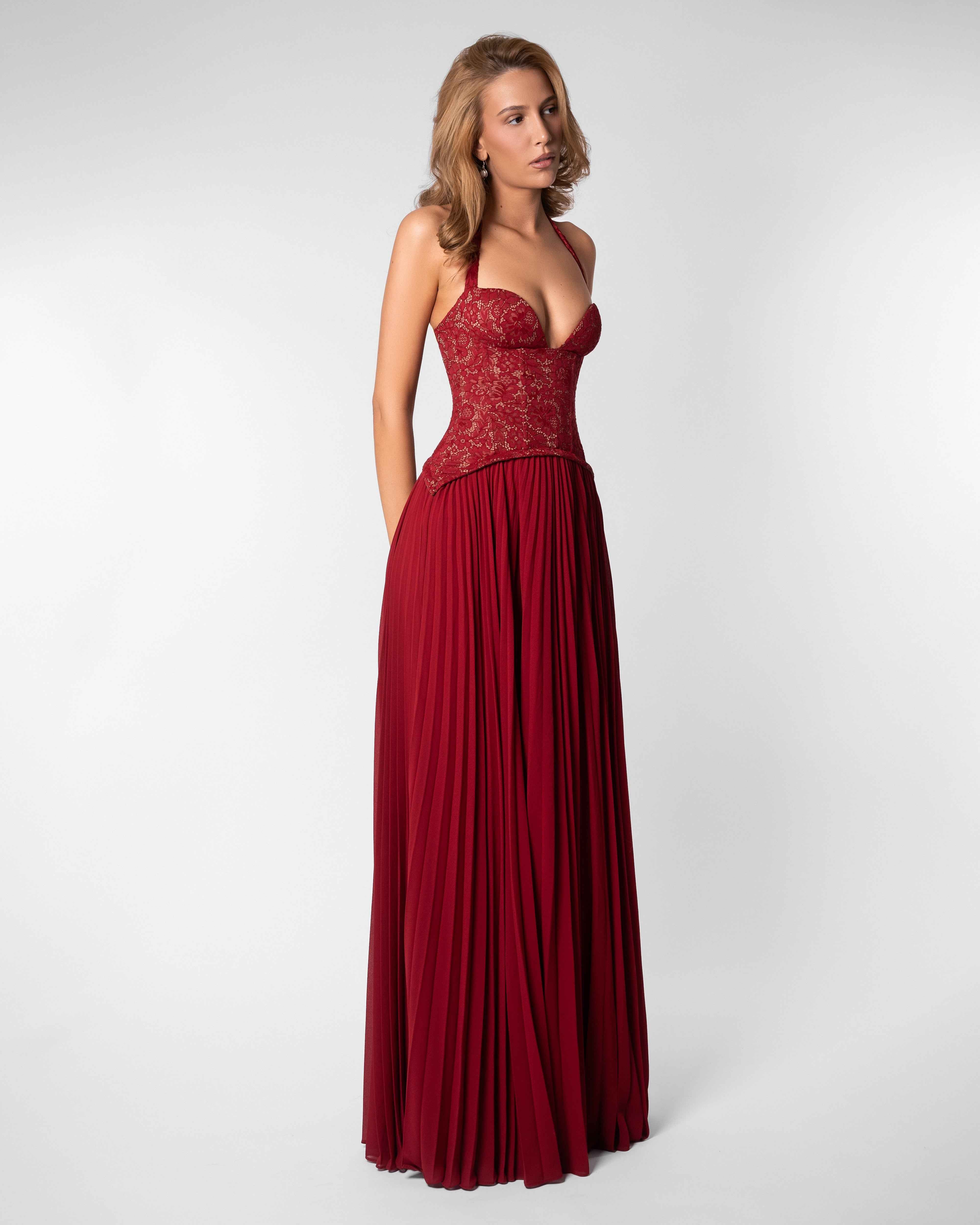Gaia Lace Pleated Maxi Evening Dress - Dark Red