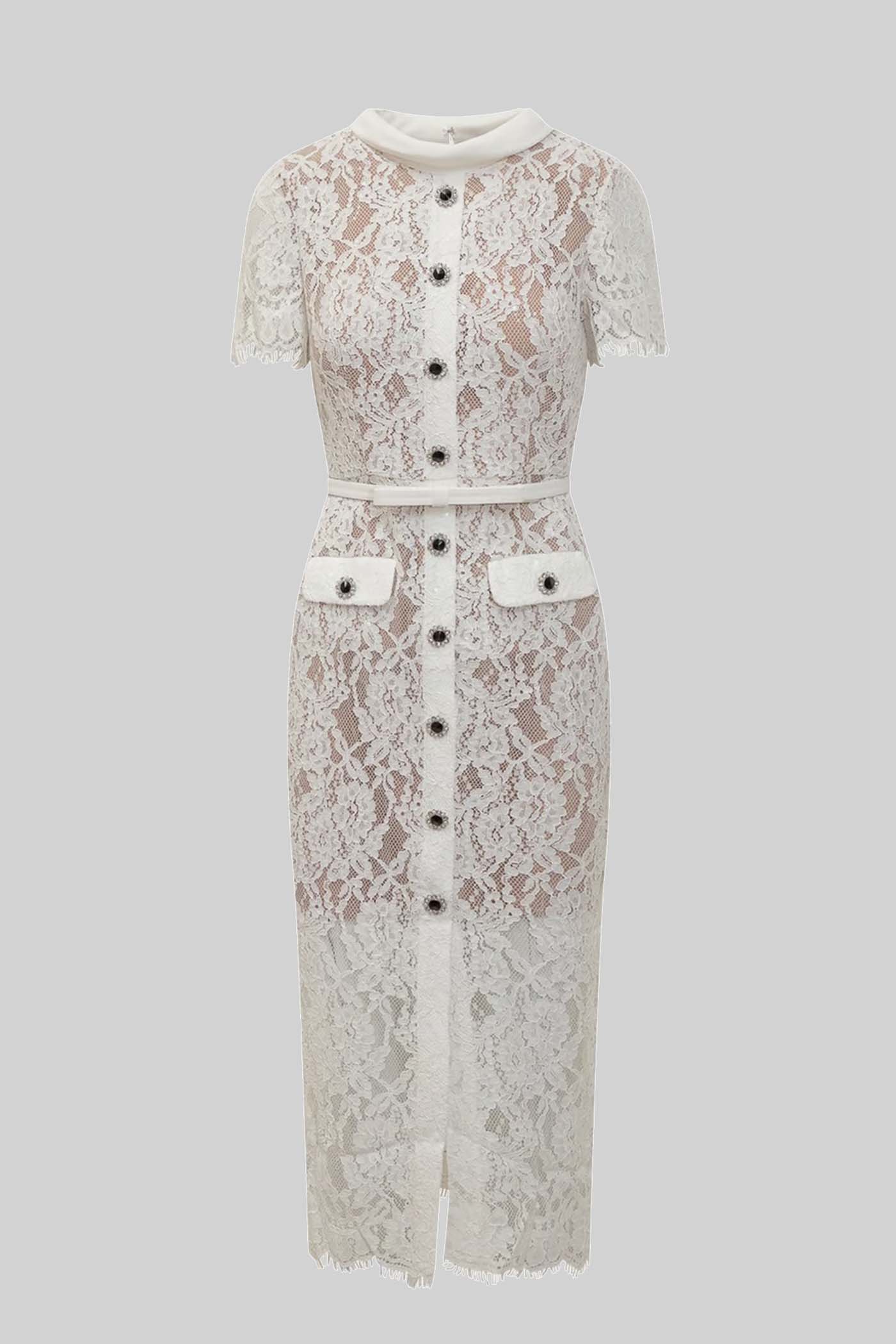 Elegant Short Sleeve Lace Dress With Matching Waist Belt - White - ICYBOO