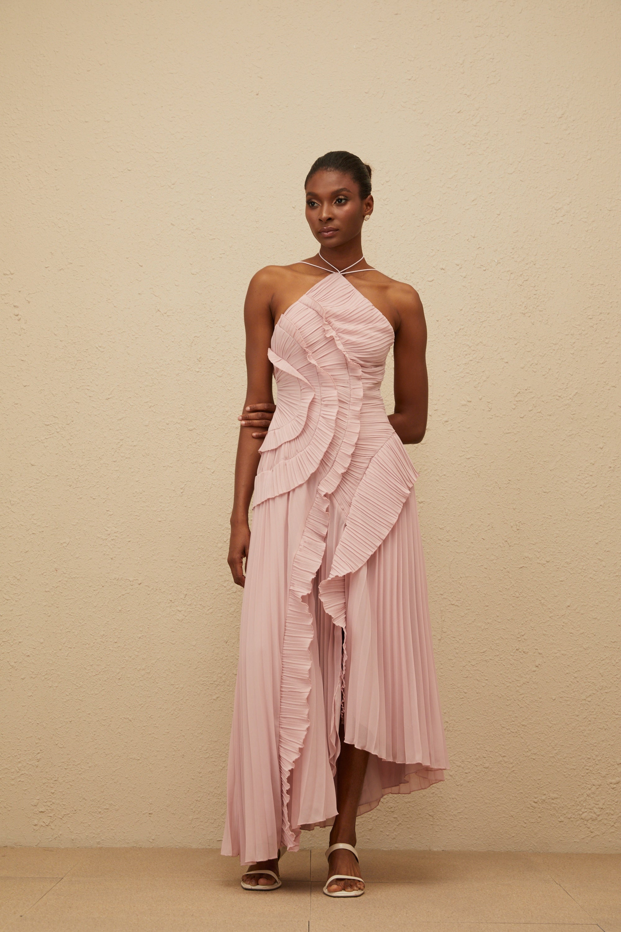 Doux Pink Ruffled Trim Pleated Midi Dress - ICYBOO