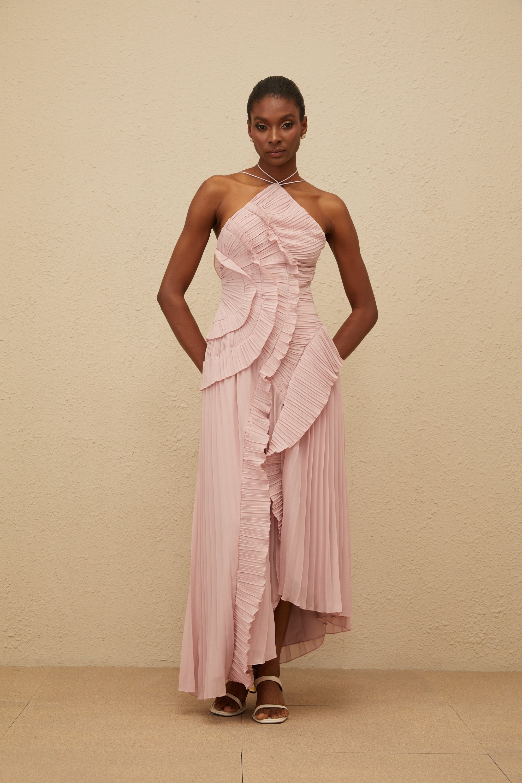 Doux Pink Ruffled Trim Pleated Midi Dress - ICYBOO