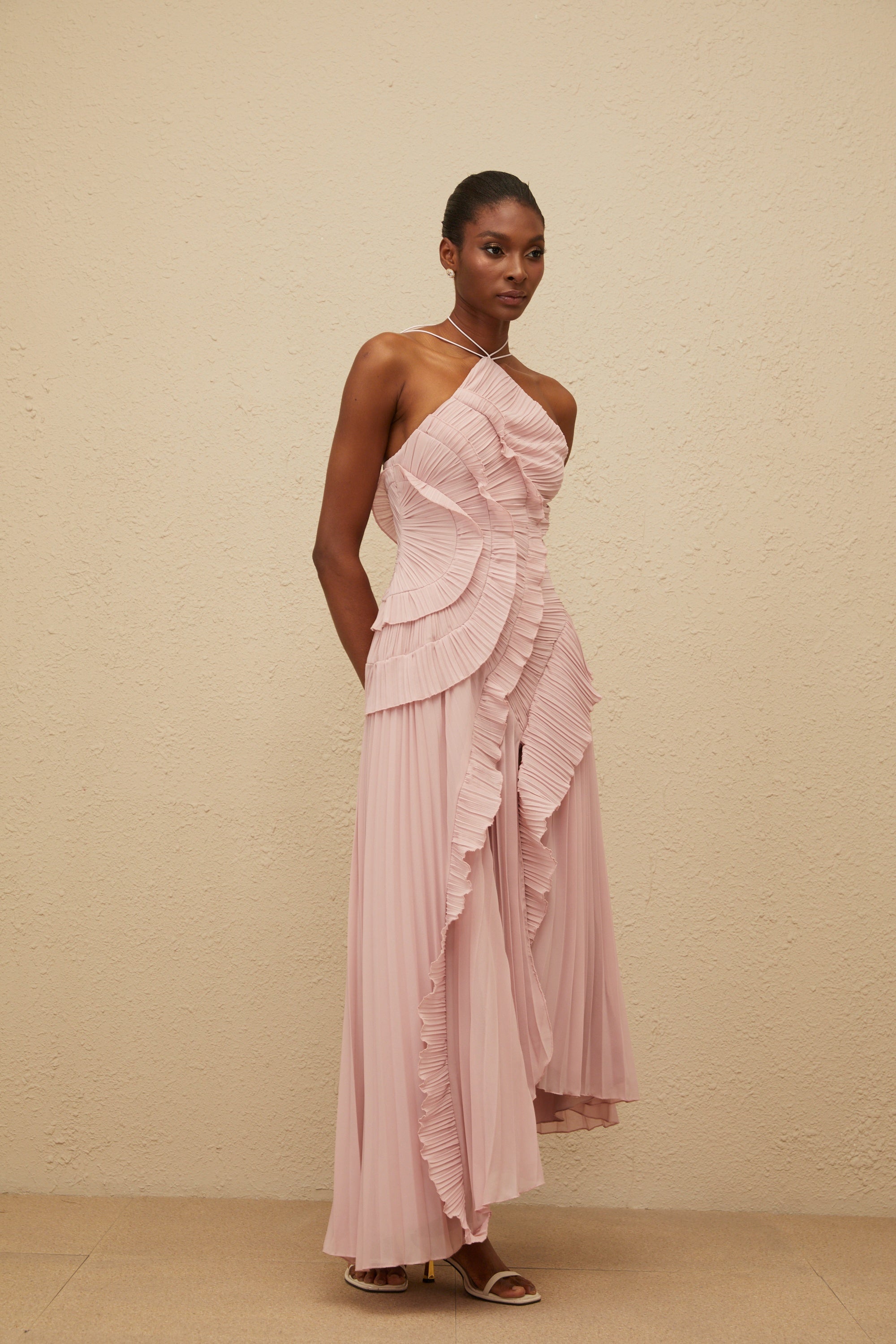 Doux Pink Ruffled Trim Pleated Midi Dress - ICYBOO