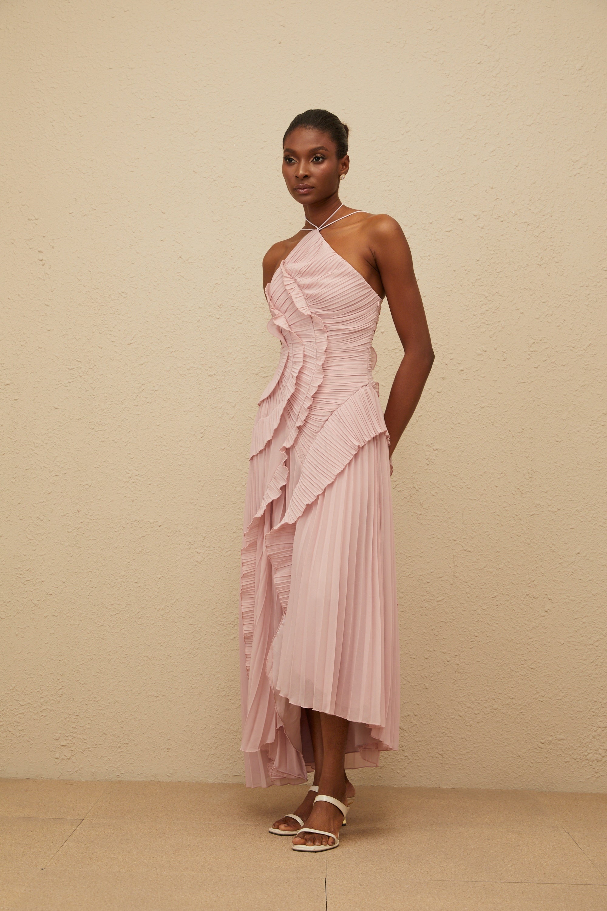 Doux Pink Ruffled Trim Pleated Midi Dress - ICYBOO