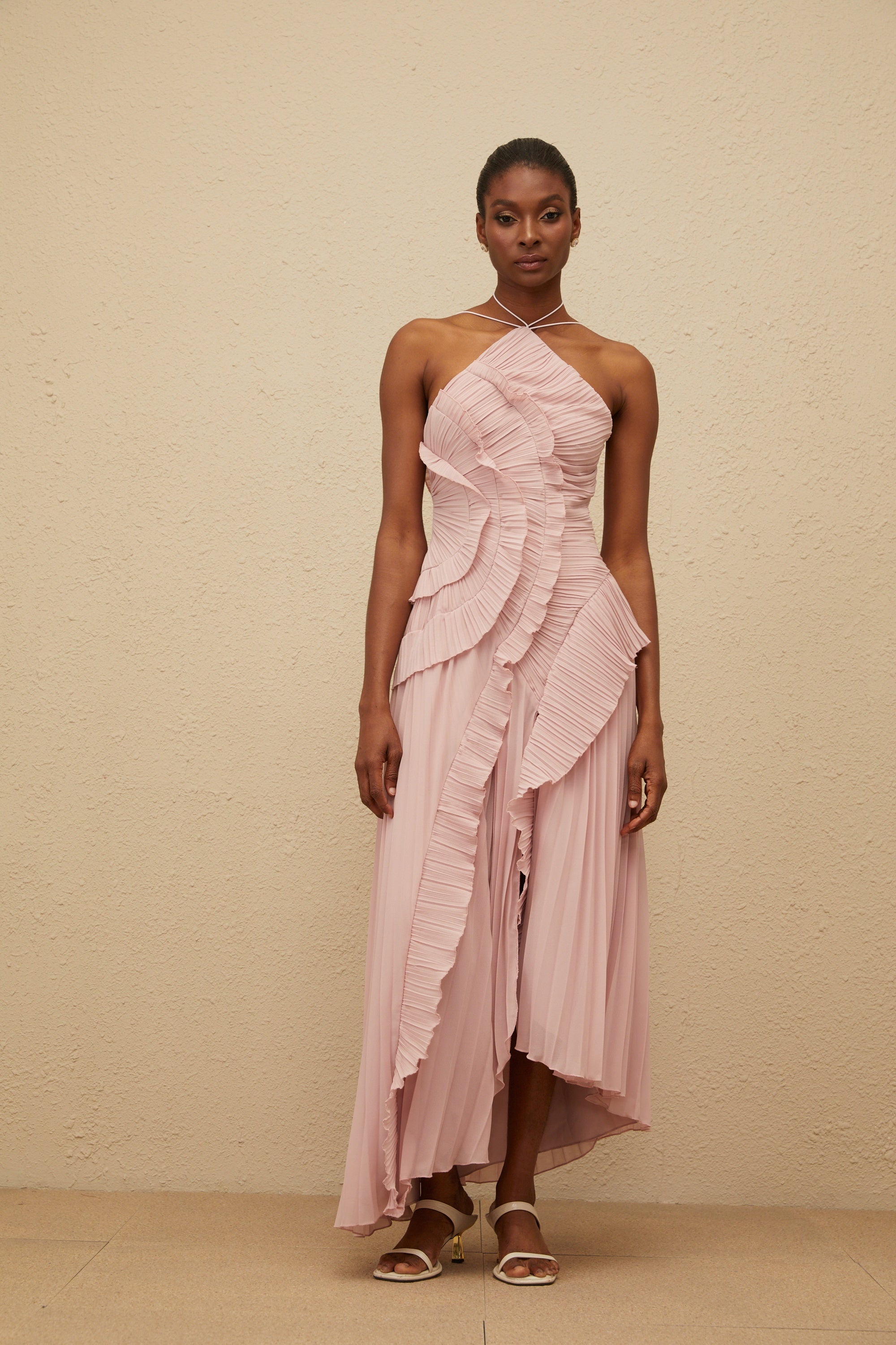 Doux Pink Ruffled Trim Pleated Midi Dress - ICYBOO