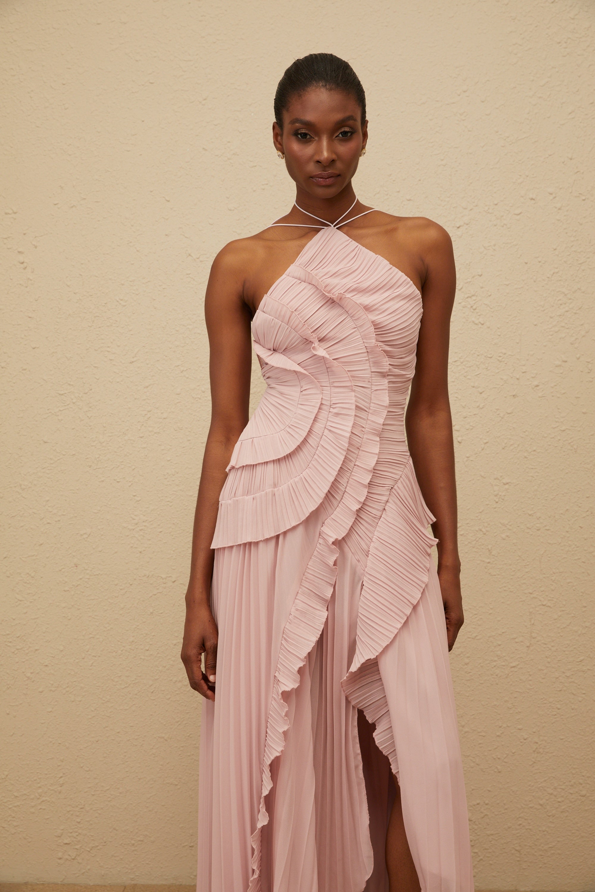 Doux Pink Ruffled Trim Pleated Midi Dress - ICYBOO
