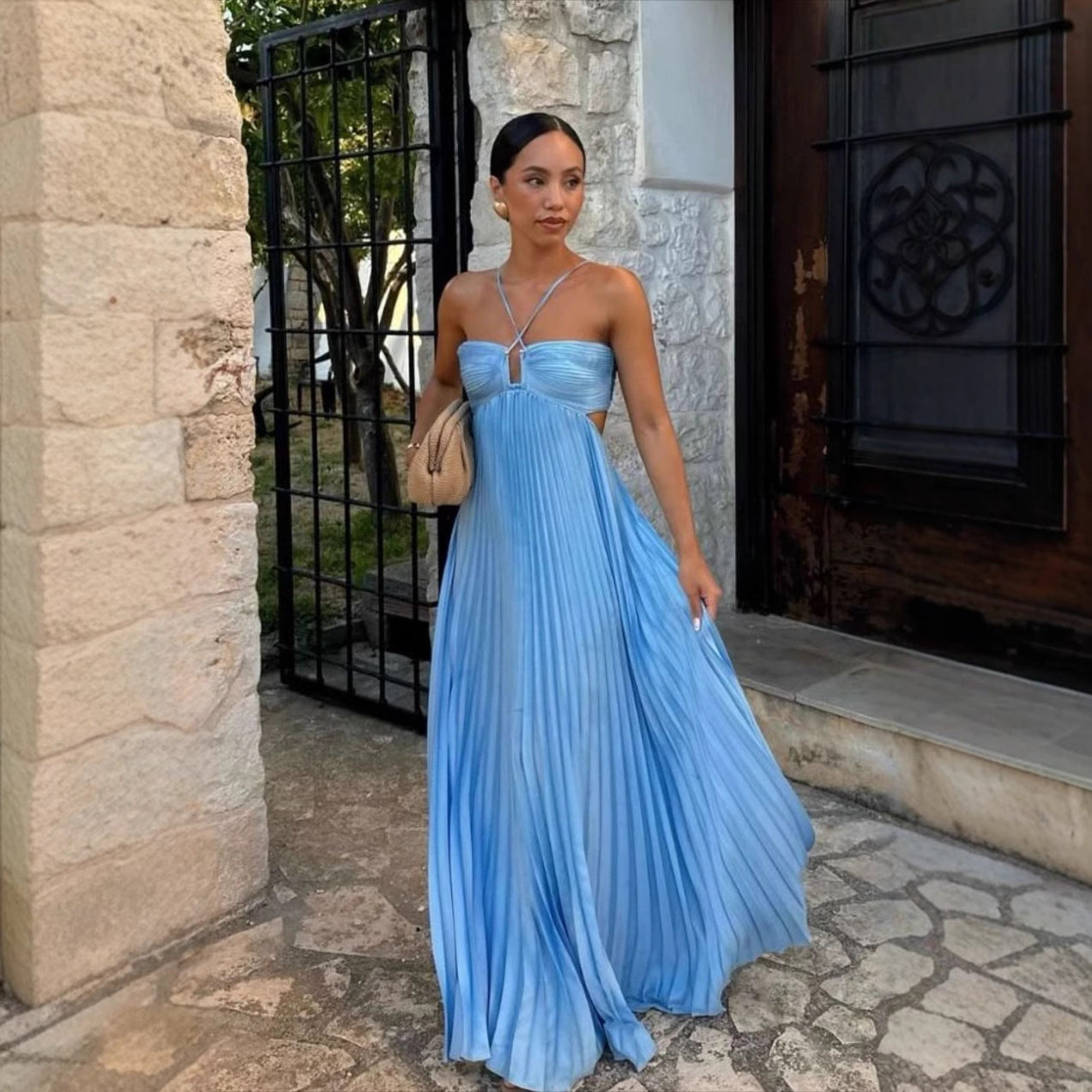 Pleated Sleeveless Maxi Evening Party Dress - ICYBOO