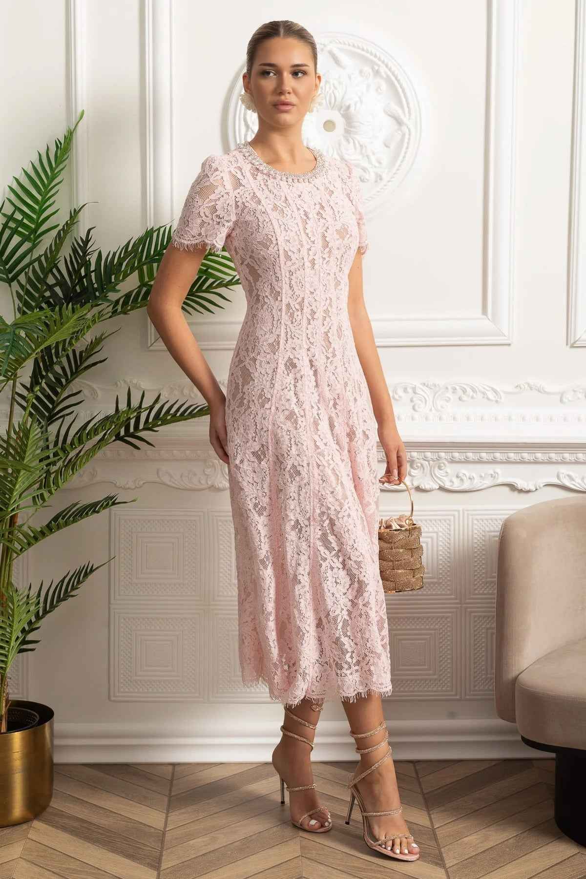 Lace Crystal | LACE FLORAL MIDI PARTY COCKTAIL DRESS