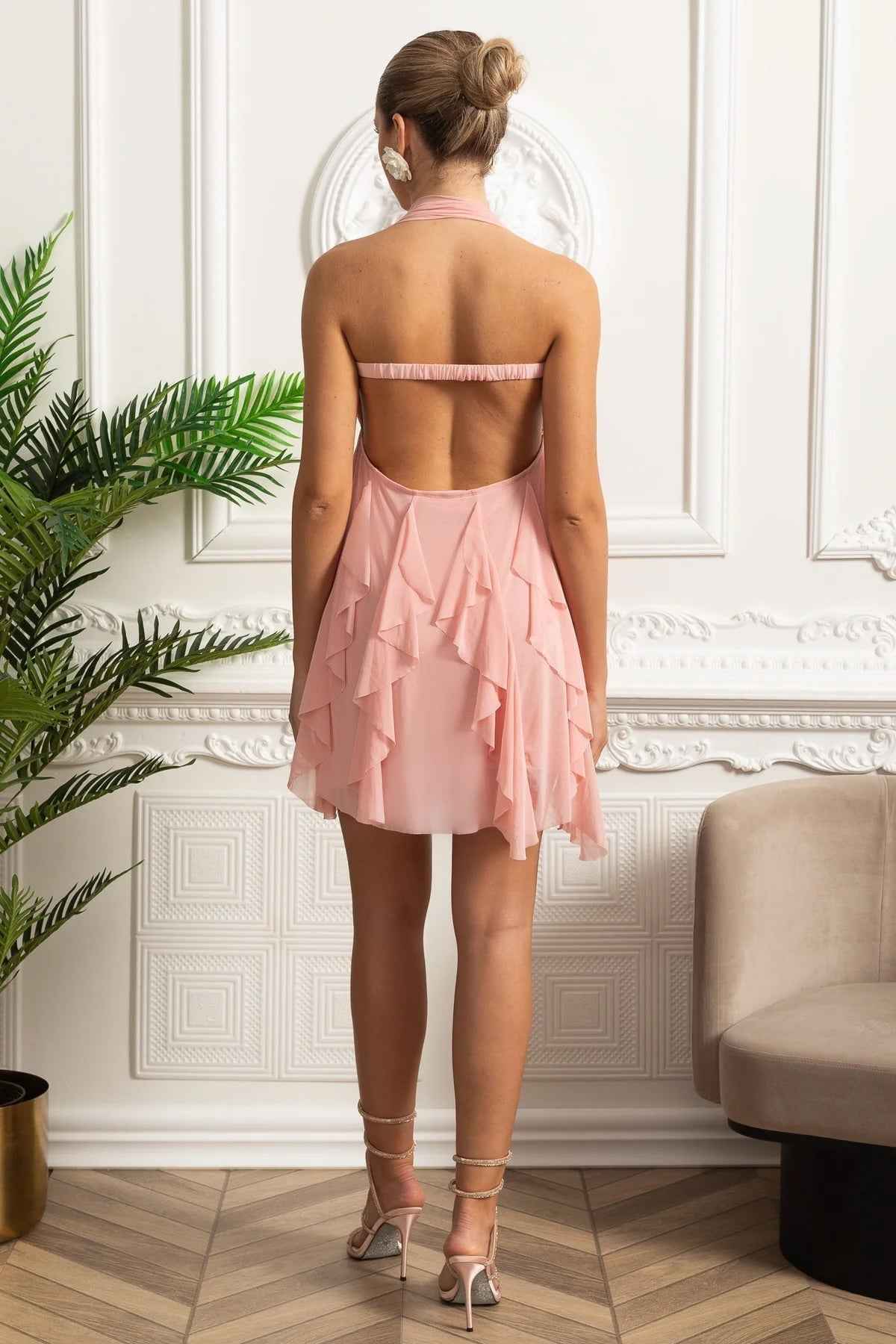 Ruffled Halterneck | RUCHED ASYMMETRIC MINI PARTY SUMMER DRESS