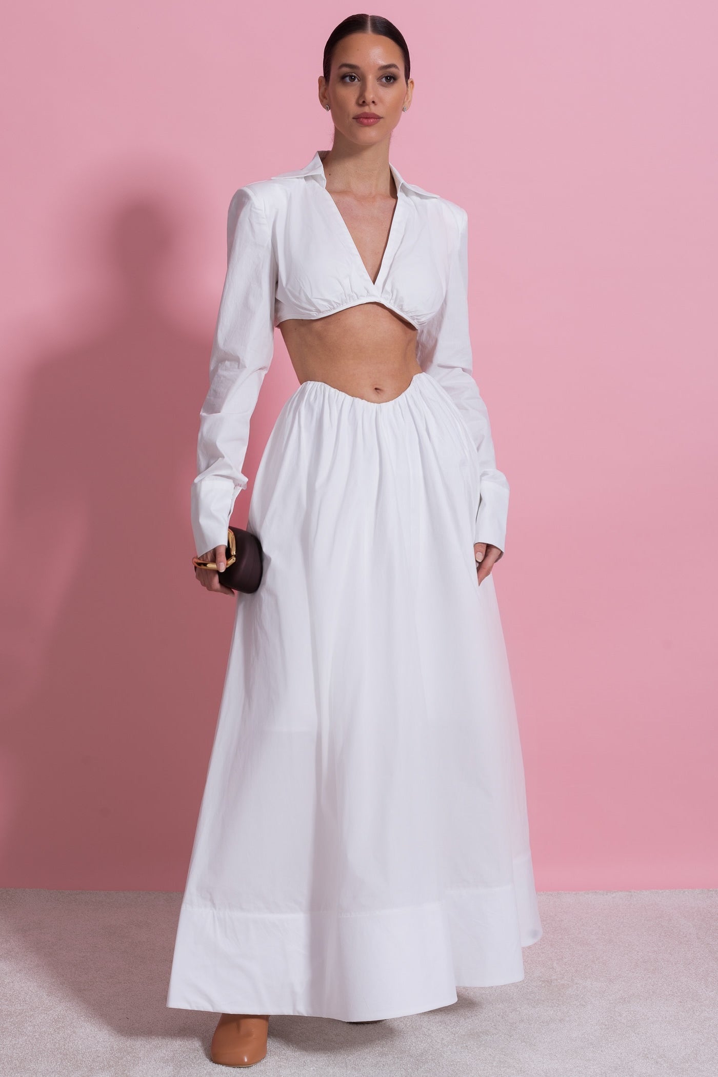 Long Sleeve Co-Ord Set With Cropped Underbust Top - White - ICYBOO