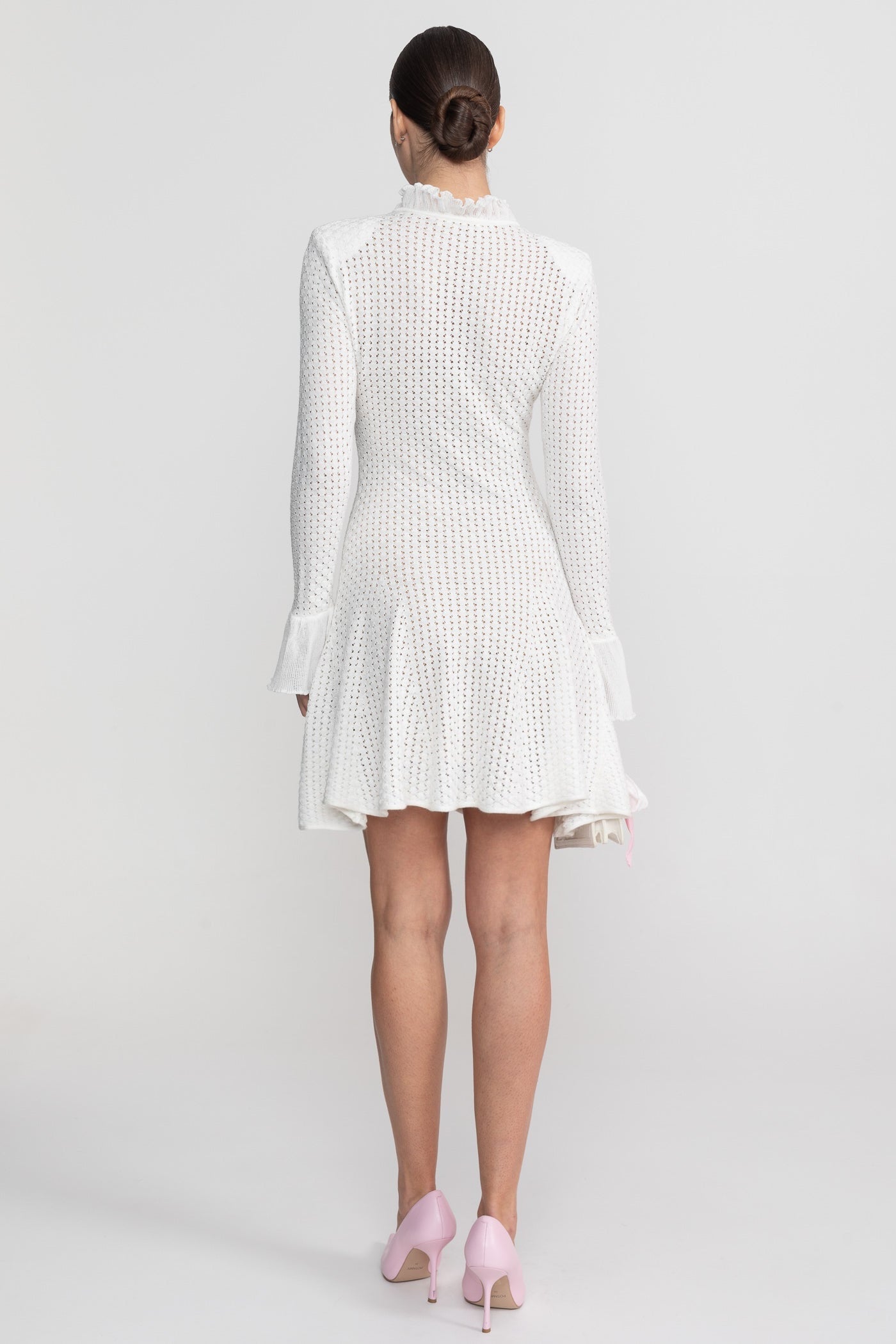 Open-Knit Mini Dress With Ruffle High Neck And Pearl Button Placket - White - ICYBOO