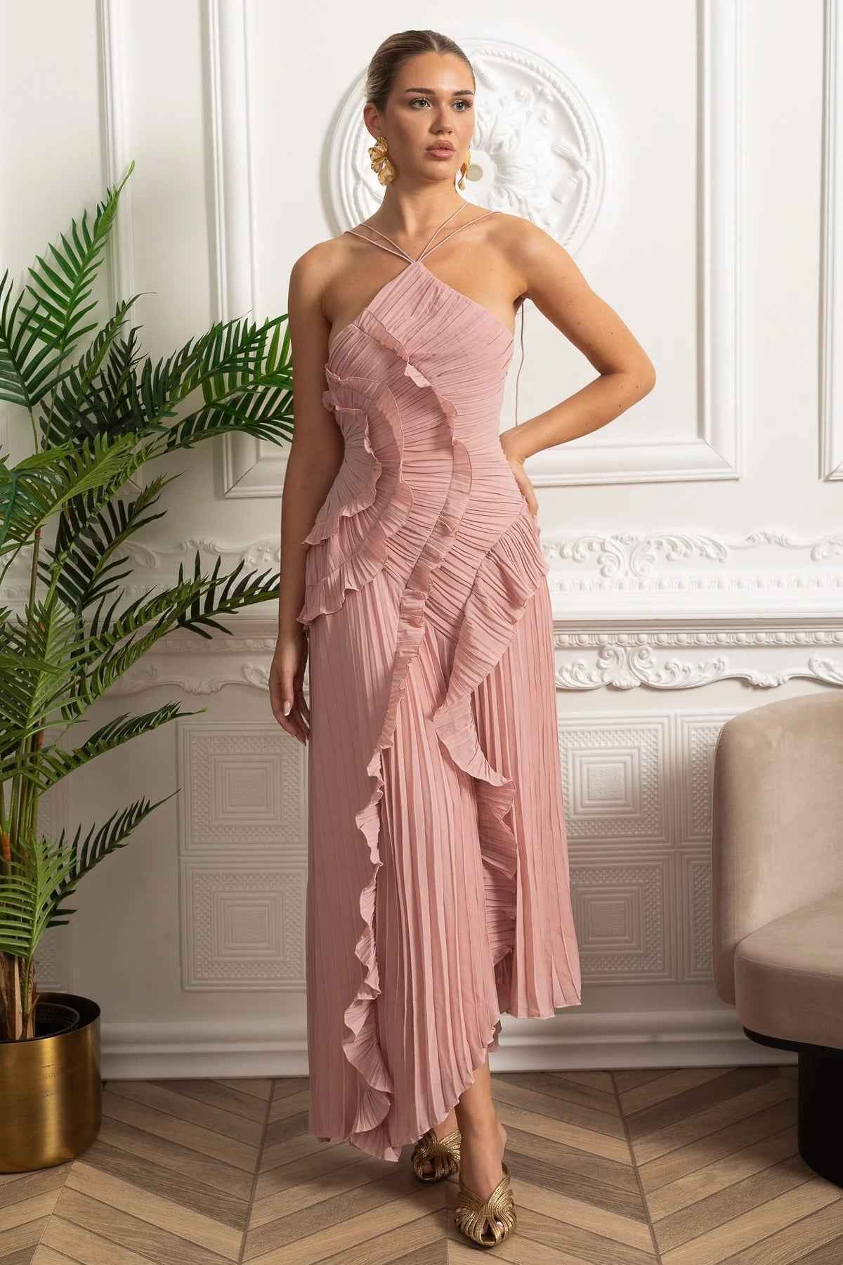 Pleated Halter Midi Dress With Cascading Ruffle Details - Pink