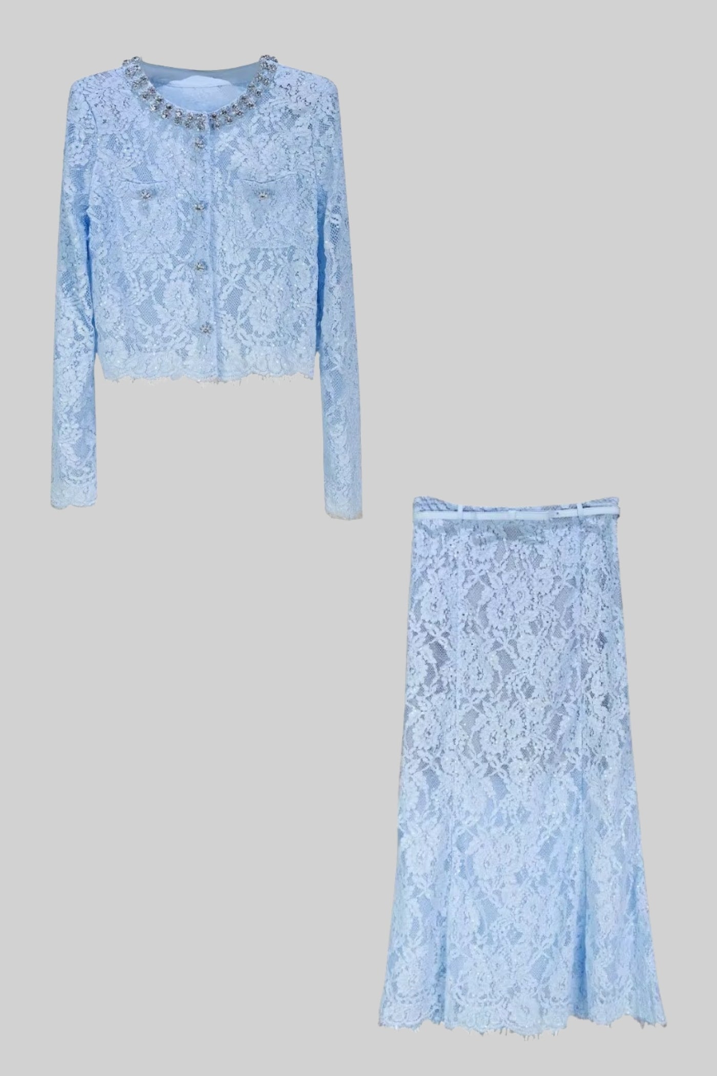 Lace Co-Ord With Sparkling Neckline Embellishments And Midi Skirt - Blue - ICYBOO