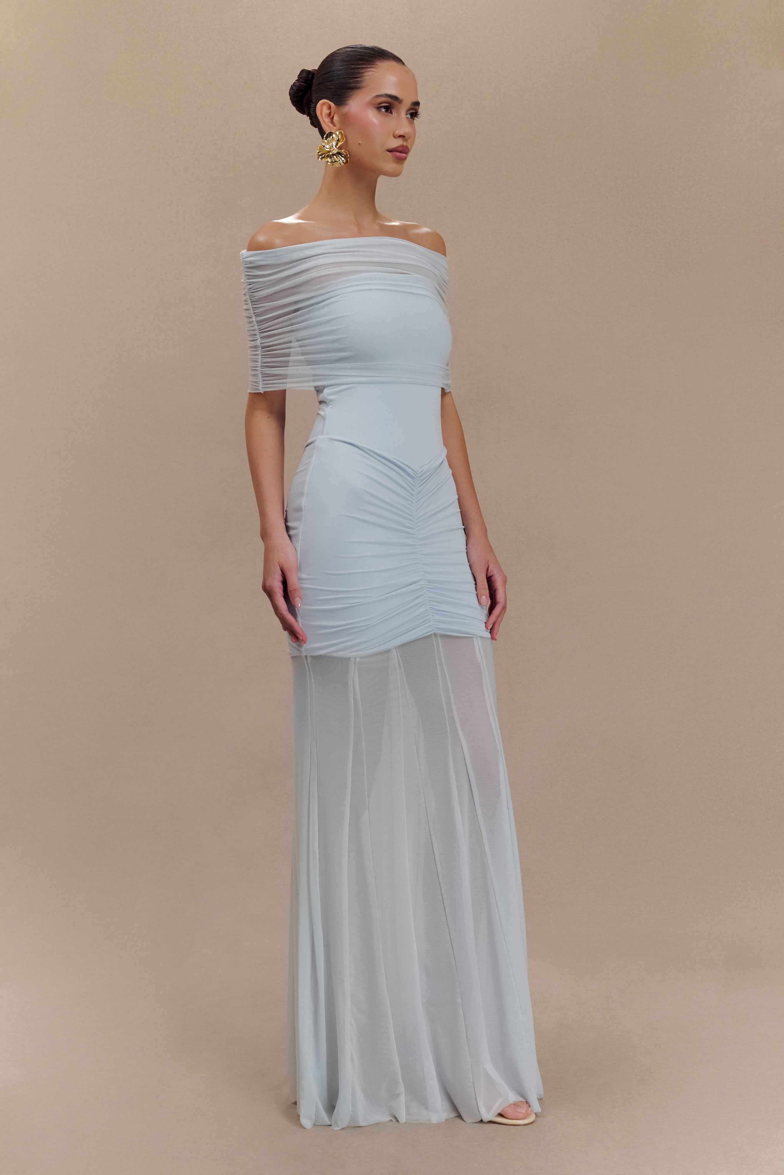 Caspian Pale Blue Off Shoulder Maxi Dress