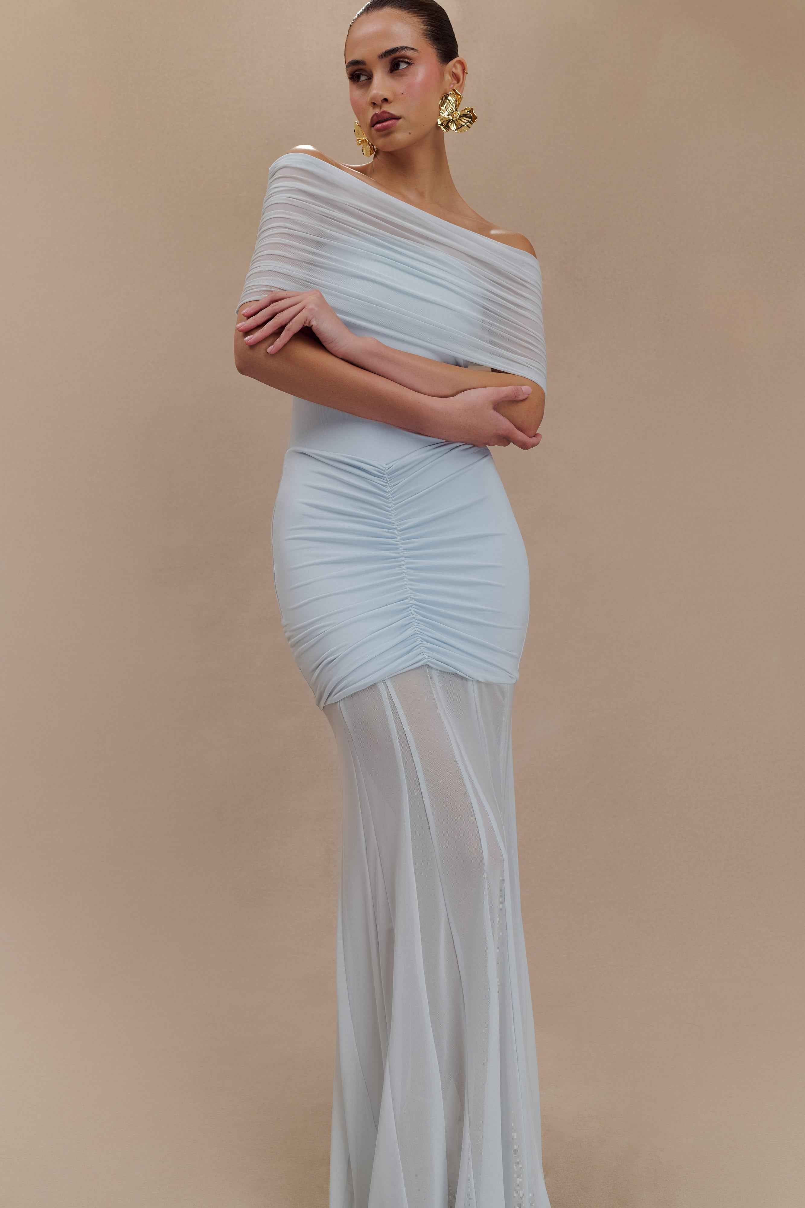 Caspian Pale Blue Off Shoulder Maxi Dress
