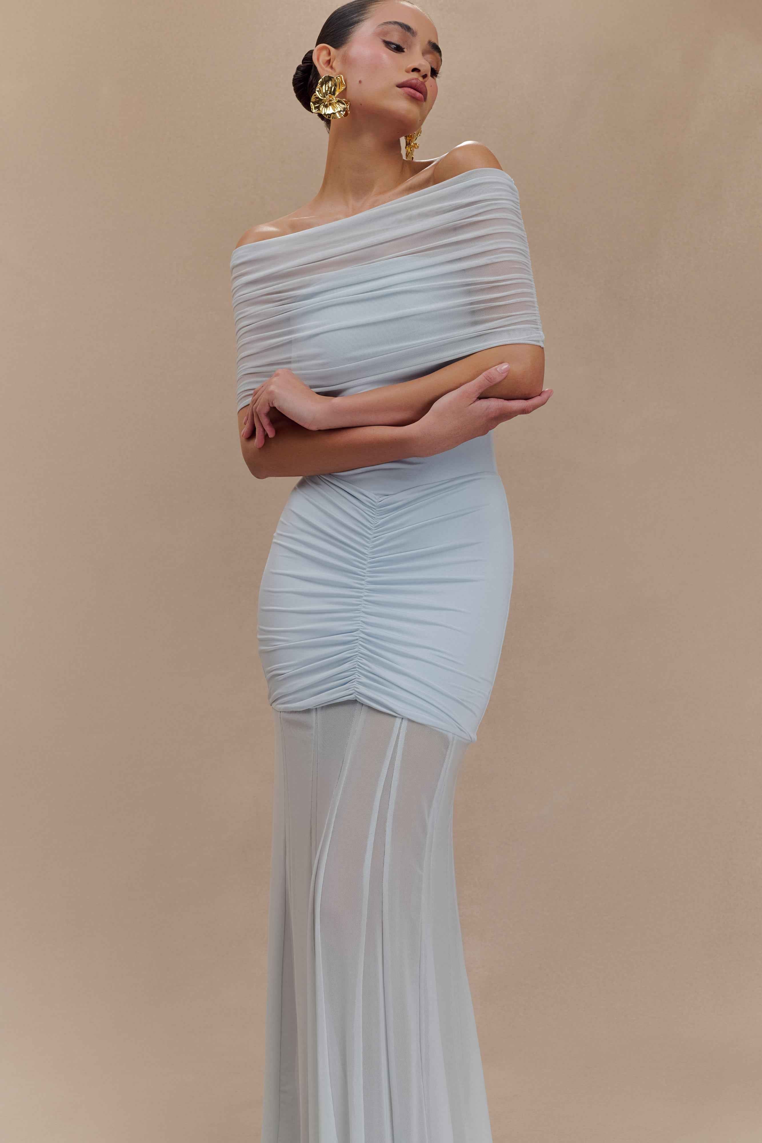 Caspian Pale Blue Off Shoulder Maxi Dress