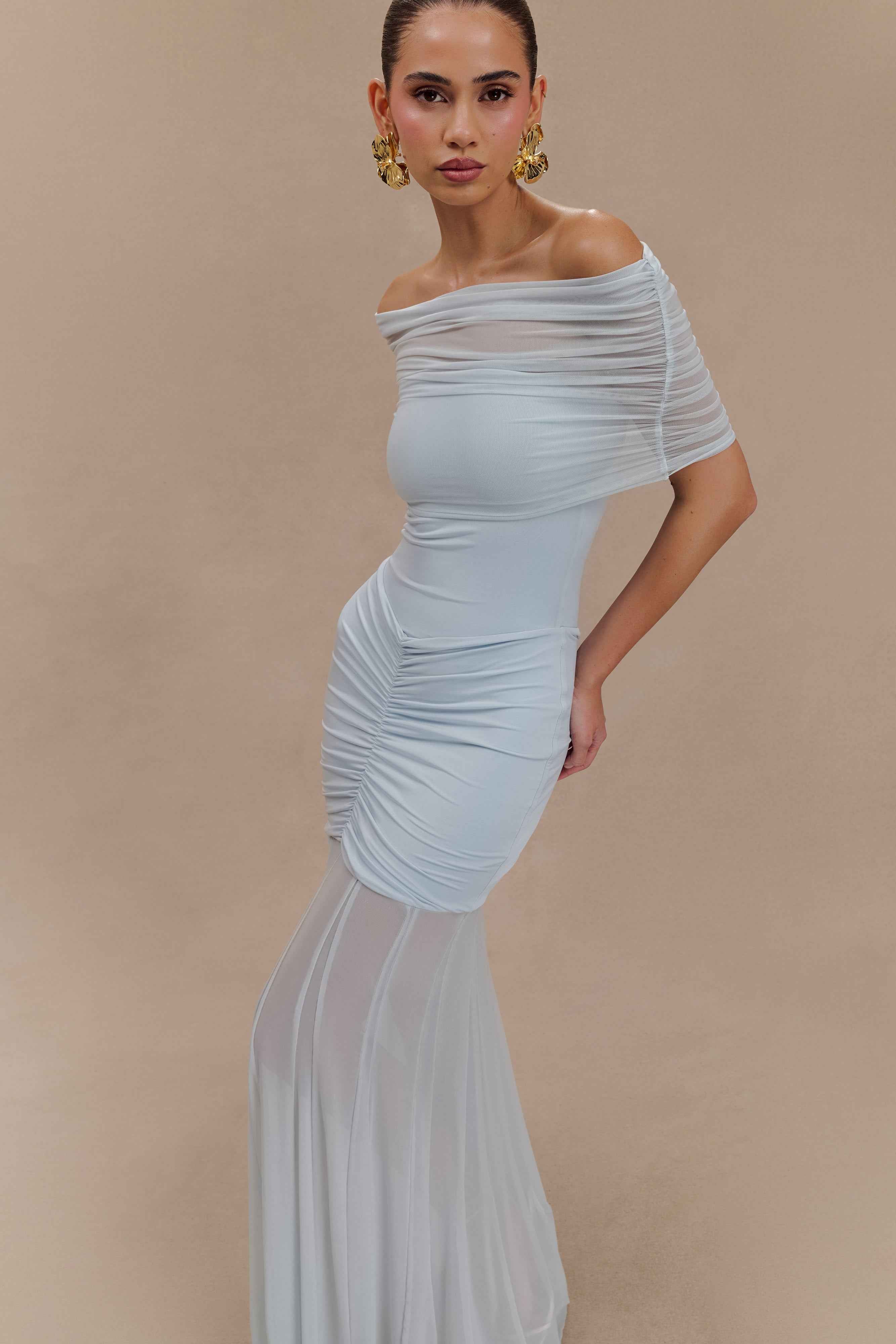Caspian Pale Blue Off Shoulder Maxi Dress