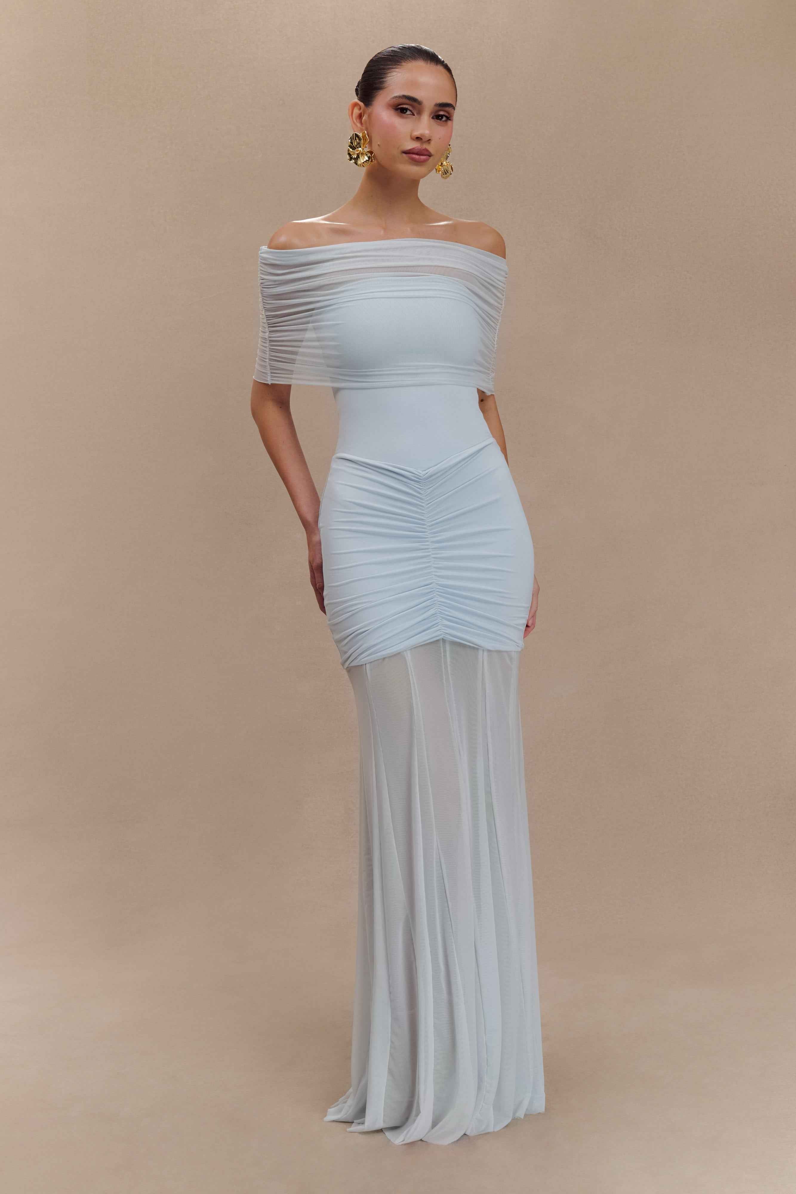 Caspian Pale Blue Off Shoulder Maxi Dress