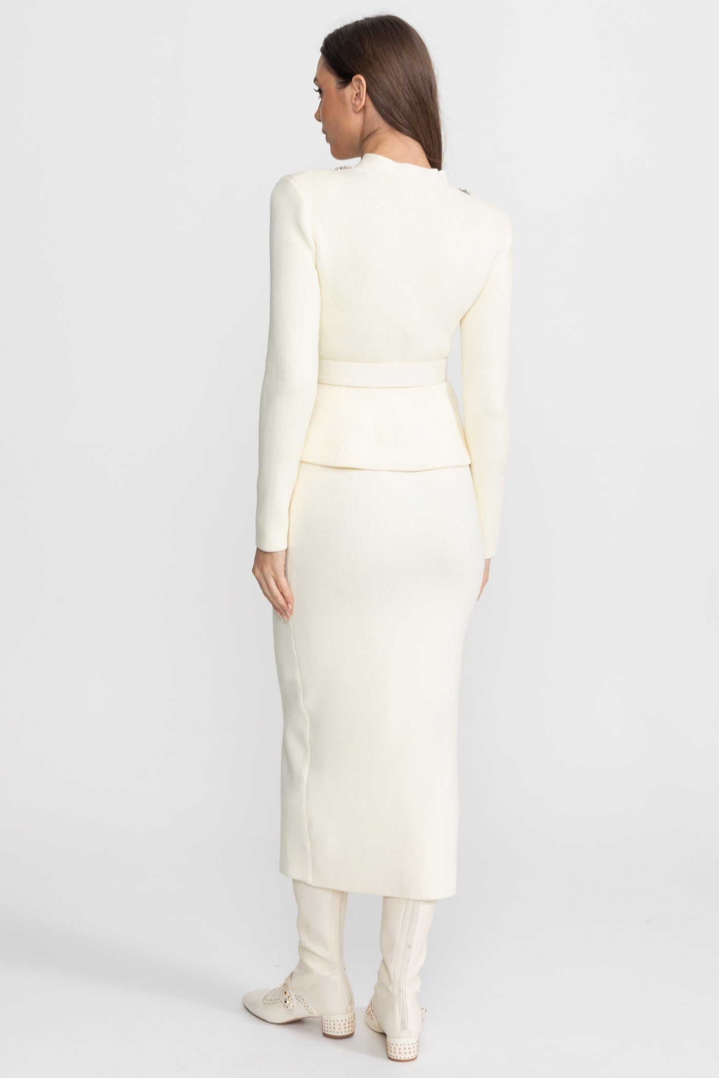 Midi Dress with Peplum Waist and Crystal Collar – Ivoire - ICYBOO