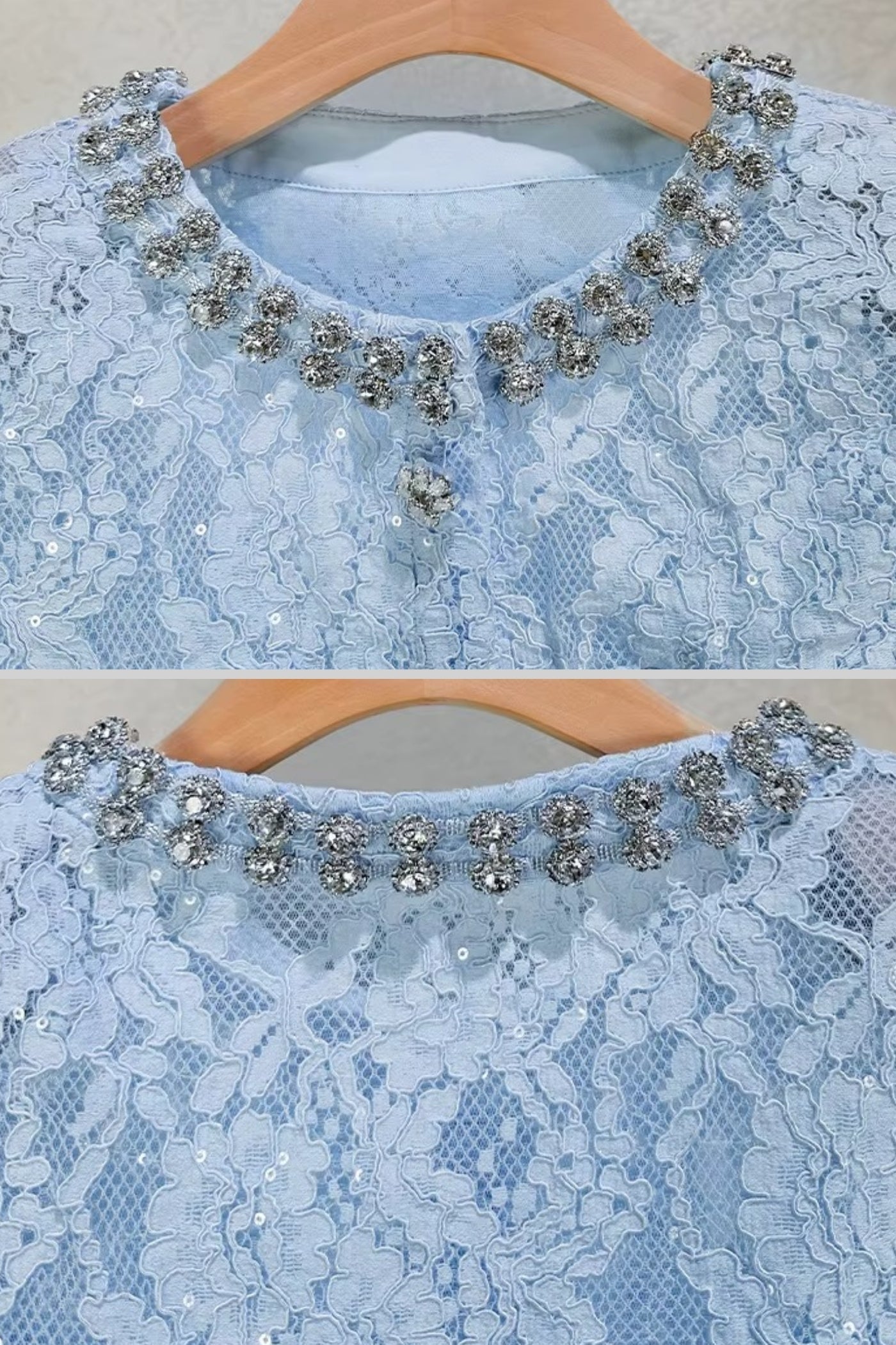 Lace Co-Ord With Sparkling Neckline Embellishments And Midi Skirt - Blue - ICYBOO