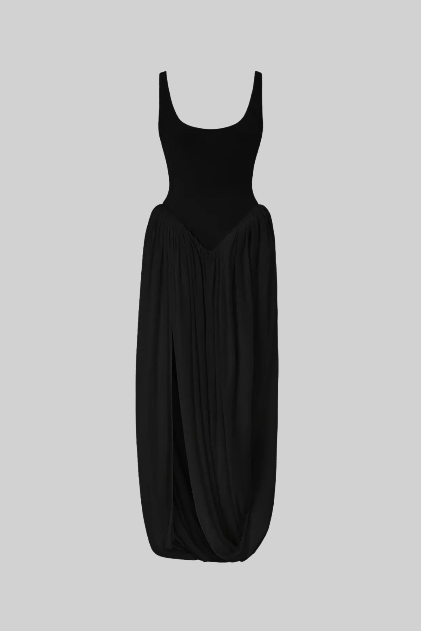 Draped Maxi Dress With Sculptural Skirt And Side Slit - Black - ICYBOO