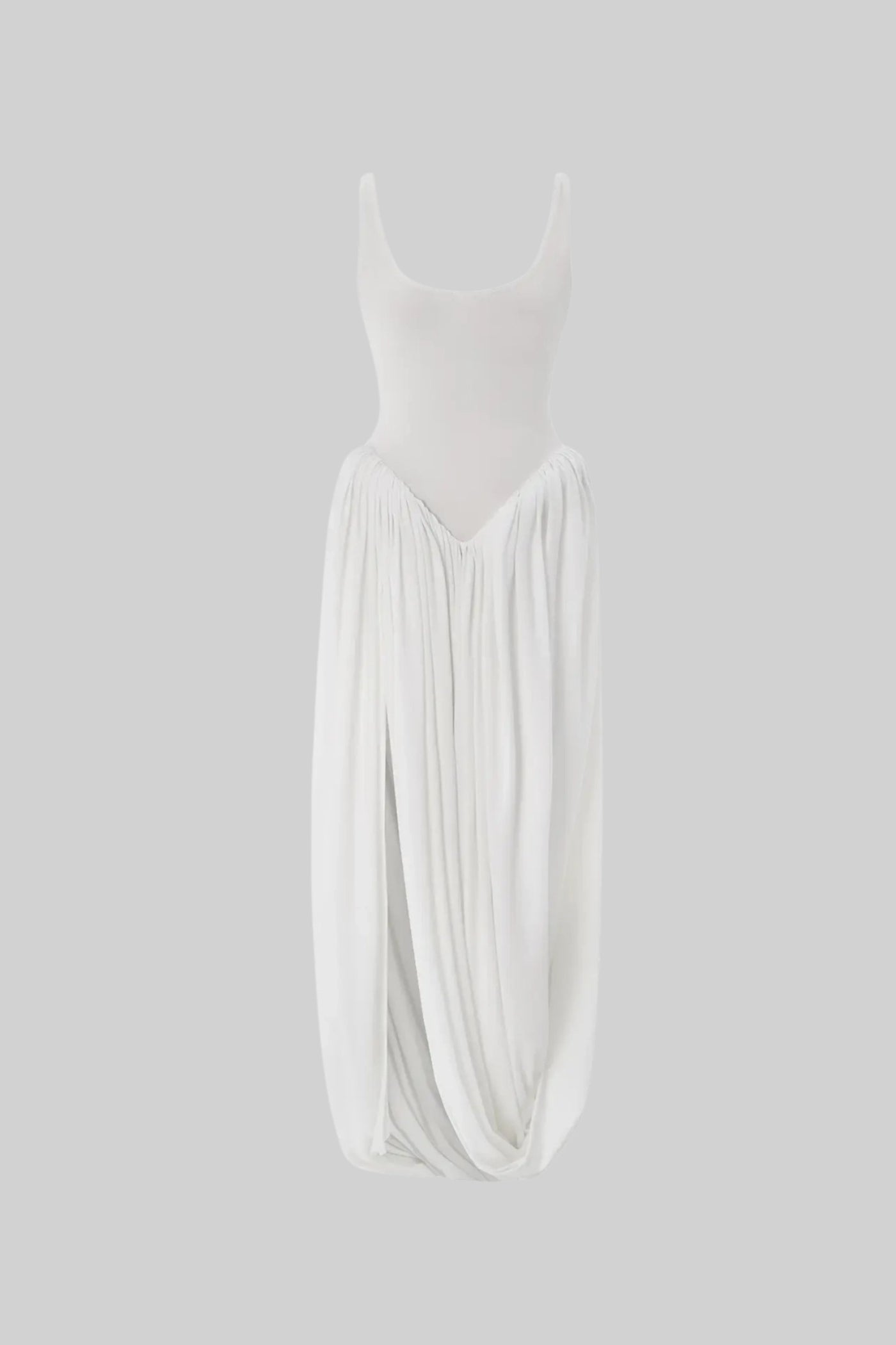 Draped Maxi Dress With Sculptural Skirt And Side Slit - White - ICYBOO