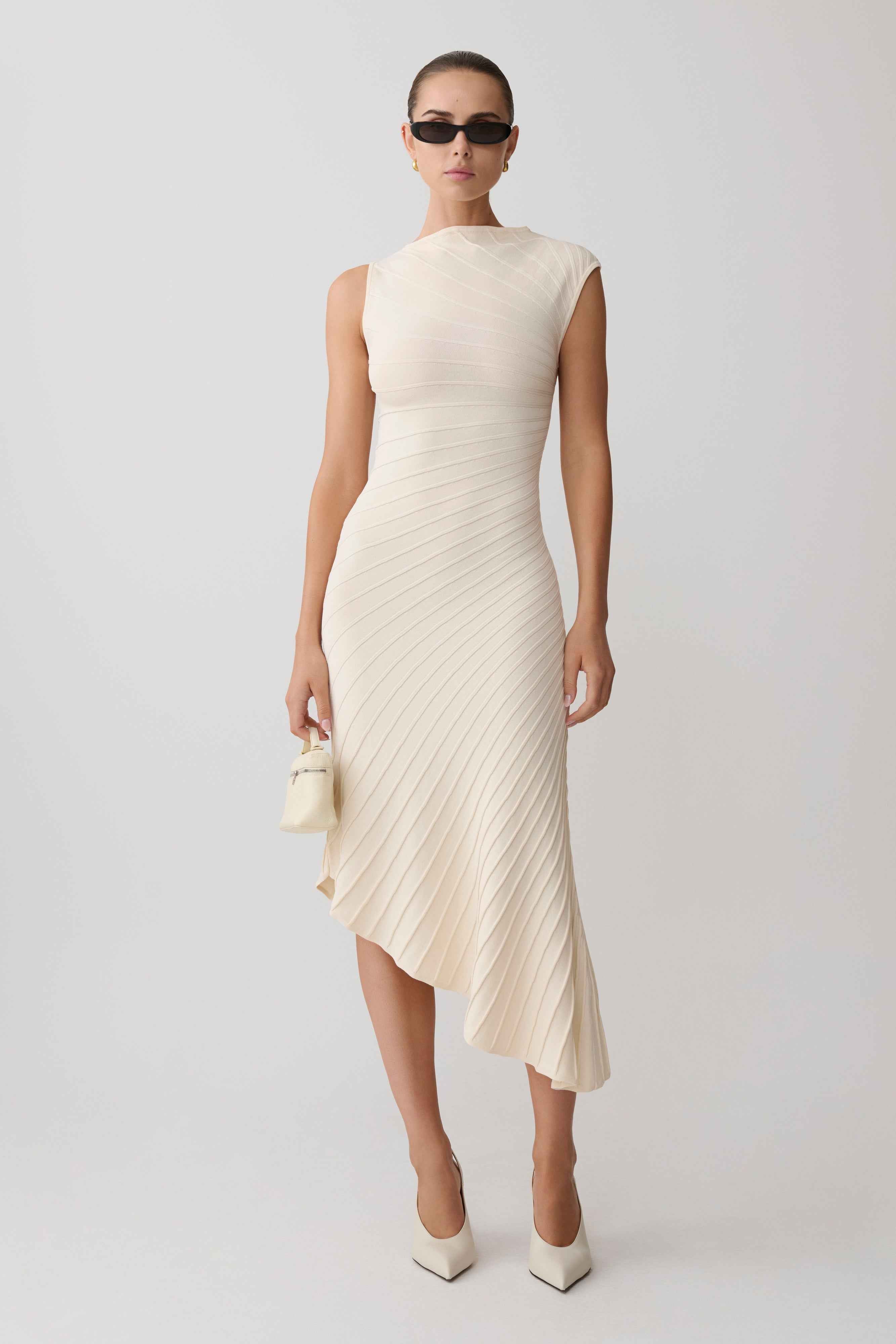 Milasandra Ivory Pleated Knit Midi Dress