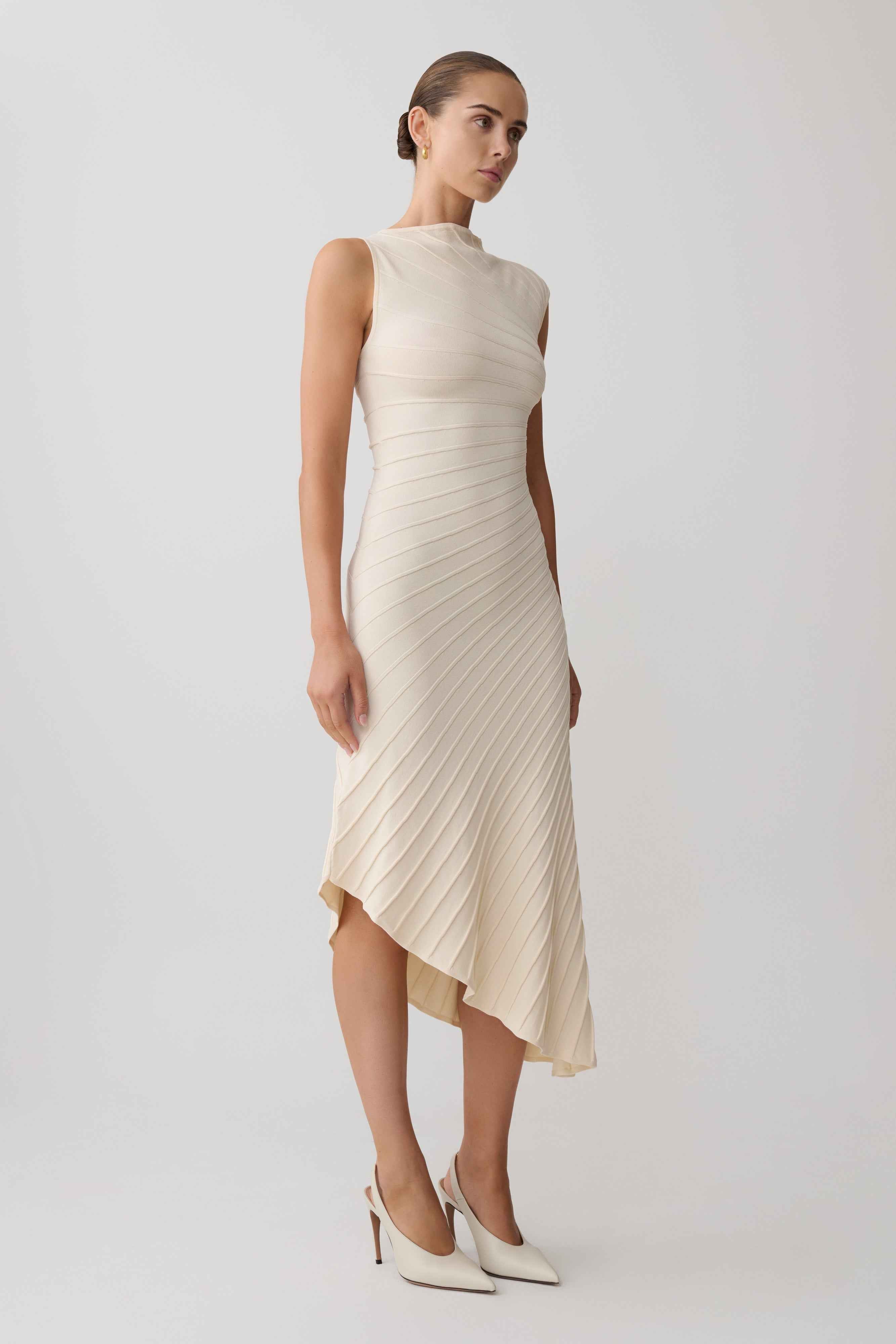 Milasandra Ivory Pleated Knit Midi Dress